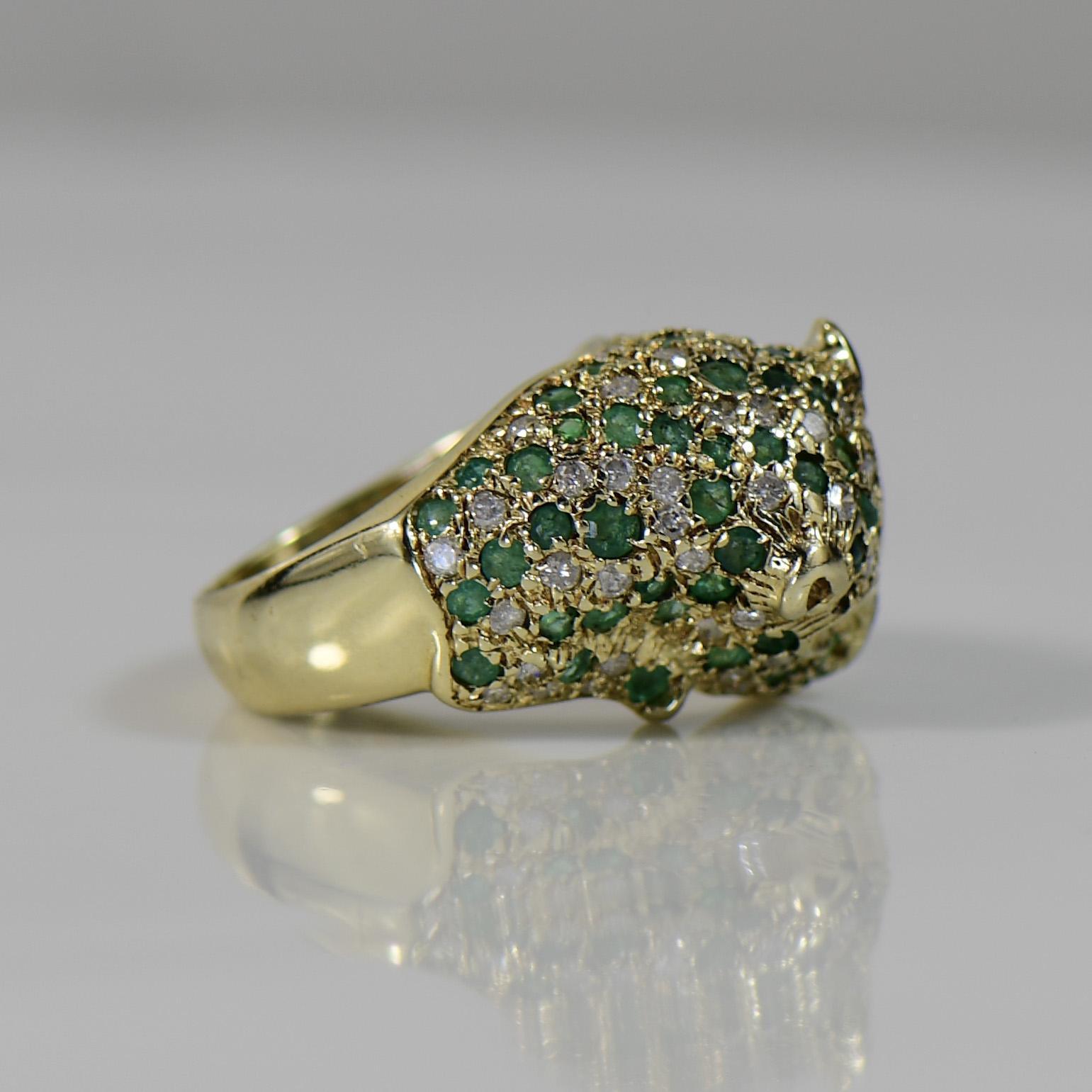 Jaguar Cat w Emerald, Diamond, Ruby Pave 3d 14K Gold Ring In Good Condition In Addison, TX