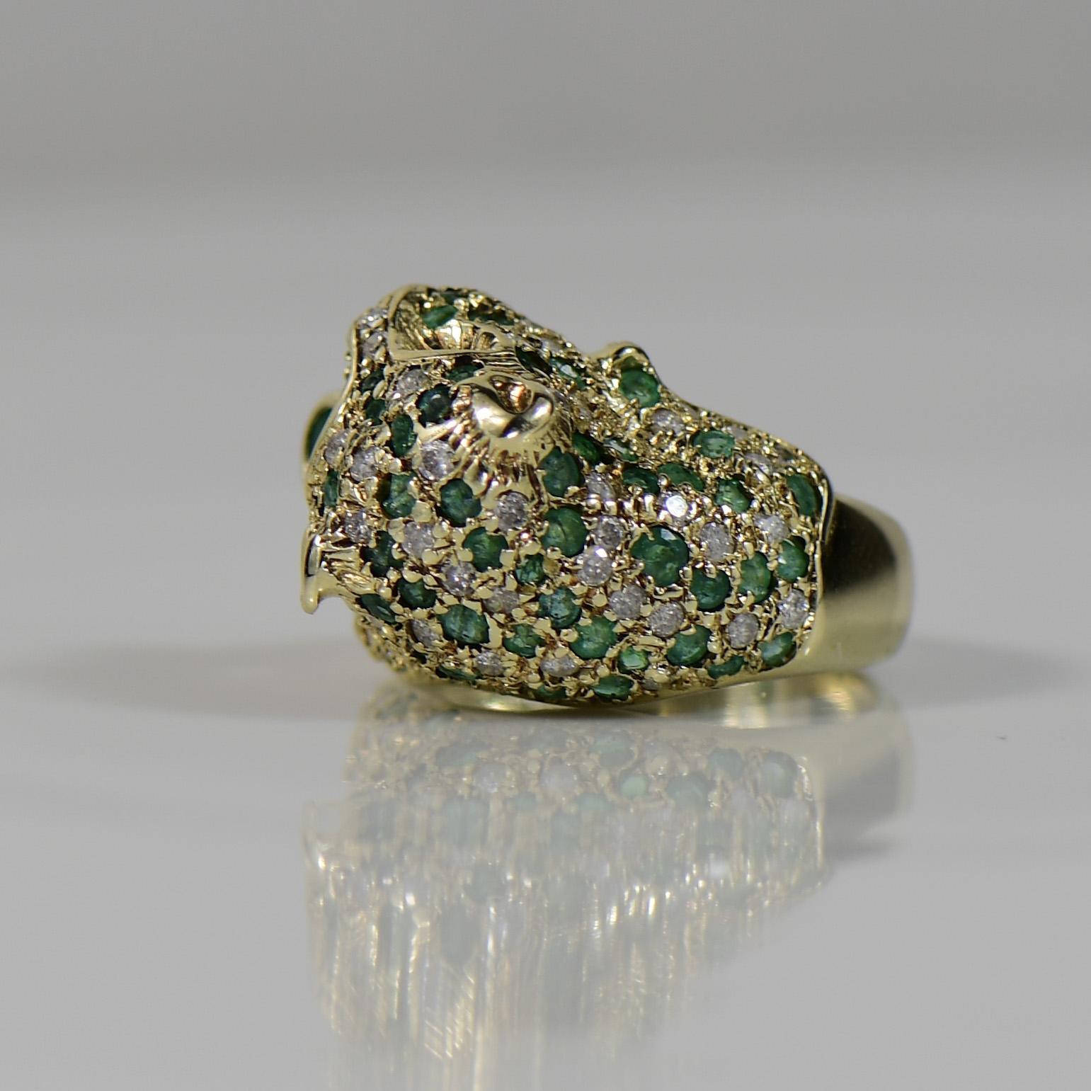 Women's Jaguar Cat w Emerald, Diamond, Ruby Pave 3d 14K Gold Ring
