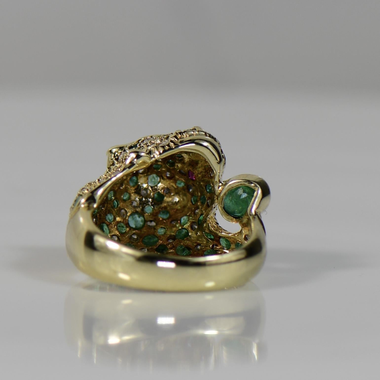 Jaguar Cat w Emerald, Diamond, Ruby Pave 3d 14K Gold Ring 1