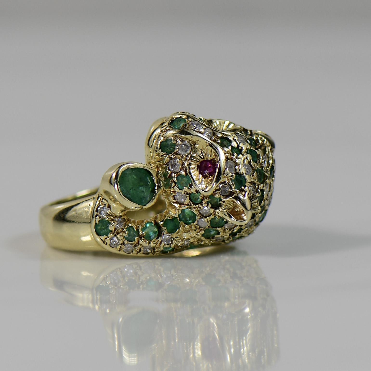 Jaguar Cat w Emerald, Diamond, Ruby Pave 3d 14K Gold Ring 3