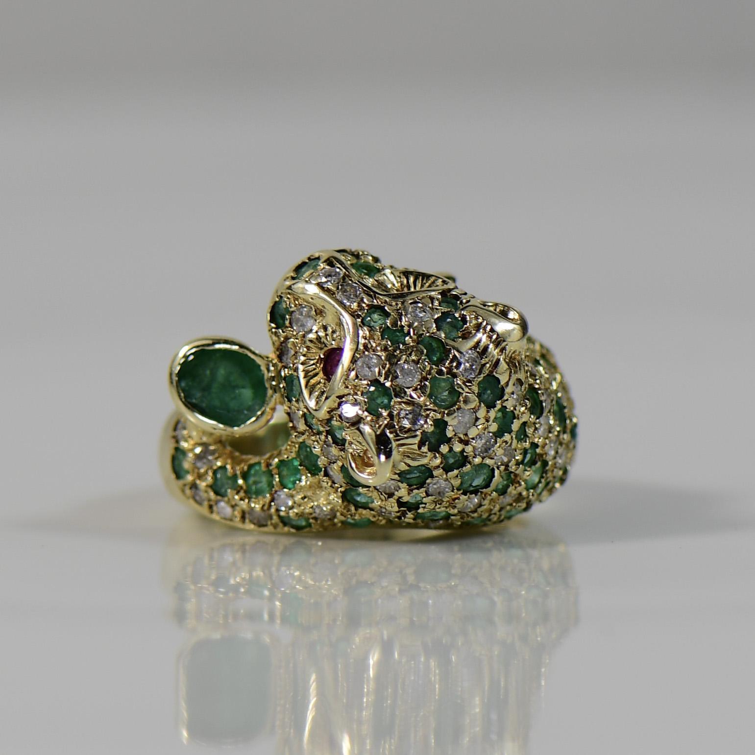 Jaguar Cat w Emerald, Diamond, Ruby Pave 3d 14K Gold Ring 4