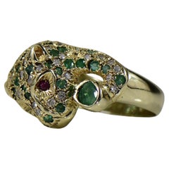 Jaguar Cat w Emerald, Diamond, Ruby Pave 3d 14K Gold Ring