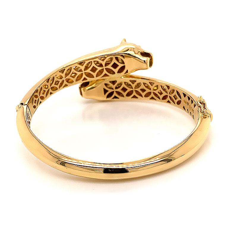 Jaguar Diamond Hinged Bangle Bracelet in 18k Yellow Gold In Good Condition For Sale In Honolulu, HI