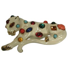 Vintage Jaguar Leopard Kenneth Jay Lane Jeweled Enamel Big Cat Designer Brooch Pin KJL 