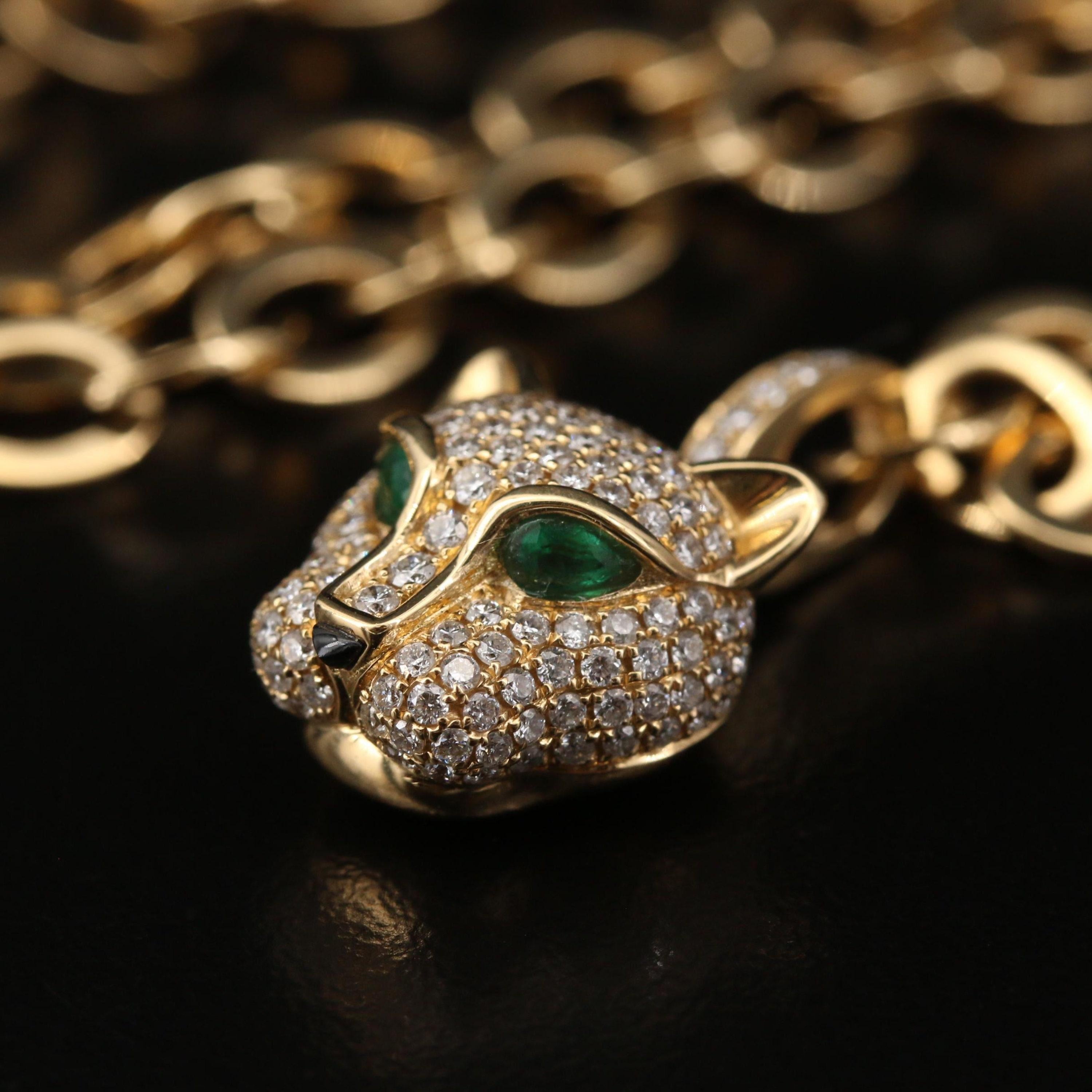 Modern Jaguar Pear Shaped Emerald Onyx Diamonds Pendant Necklace, 18K Yellow Gold Diamond Pendant Necklace, Antique Diamond Chain Necklace
 
 Item Description
 → Handmade, Made to order
 → Material: SOLID 18K/18K GOLD
 
 
 Stone Details
 
 → Primary