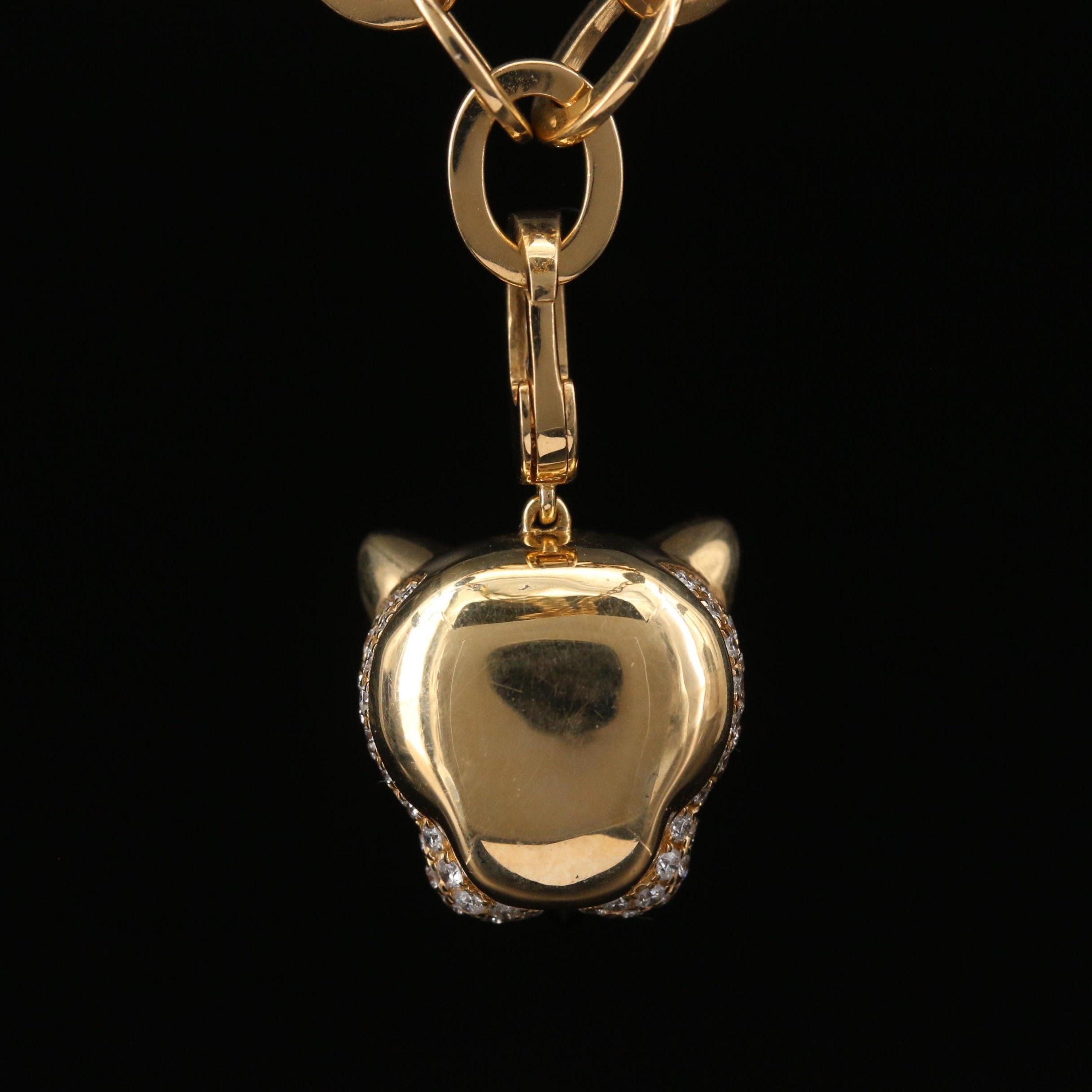 Jaguar Pear Shaped Emerald Onyx Diamonds Pendant Necklace, 18K Yellow Gold In New Condition For Sale In Orlando, Florida