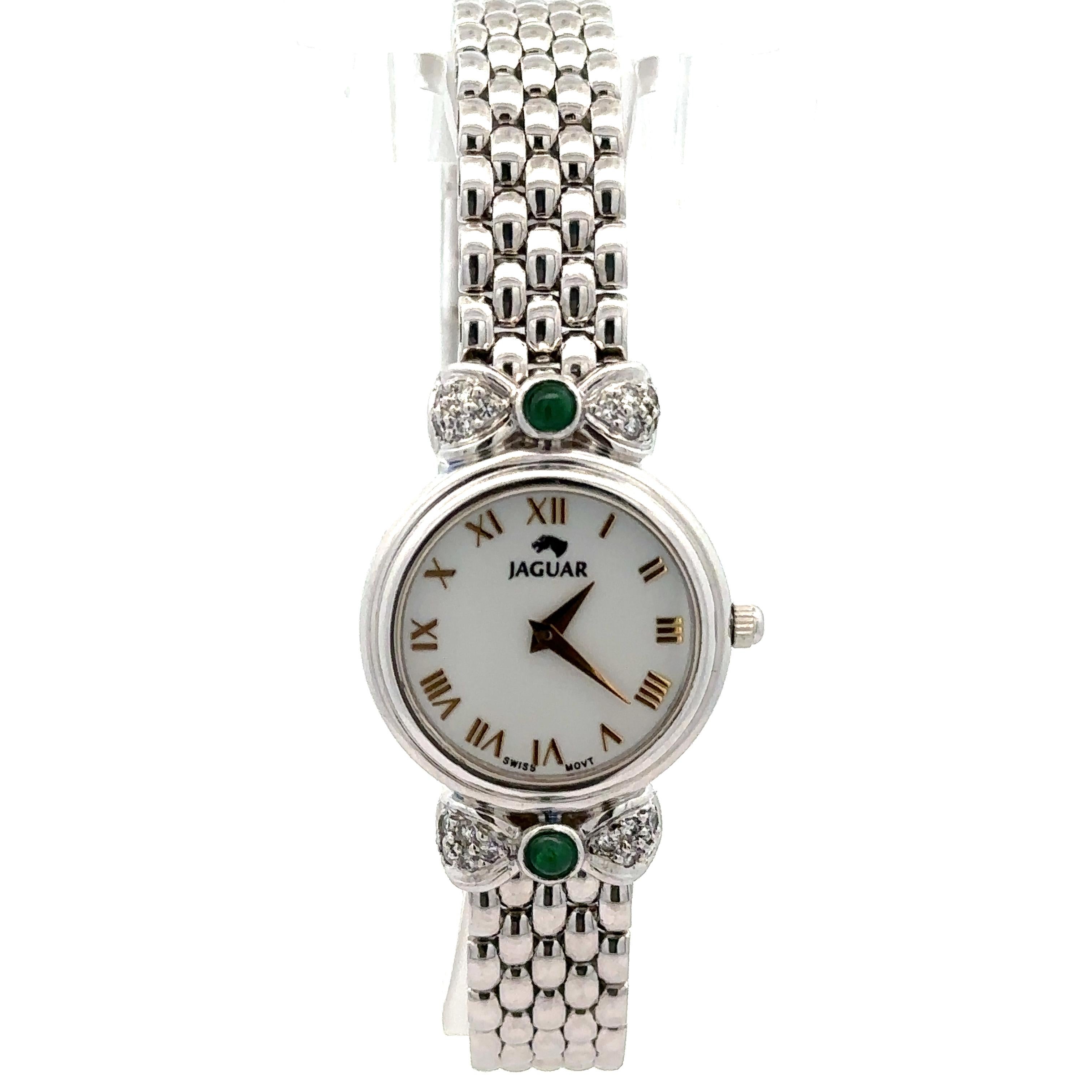 Jaguar Platinum 22mm Diamond & Emerald Ribbon Wrist Watch Bracelet For Sale 6