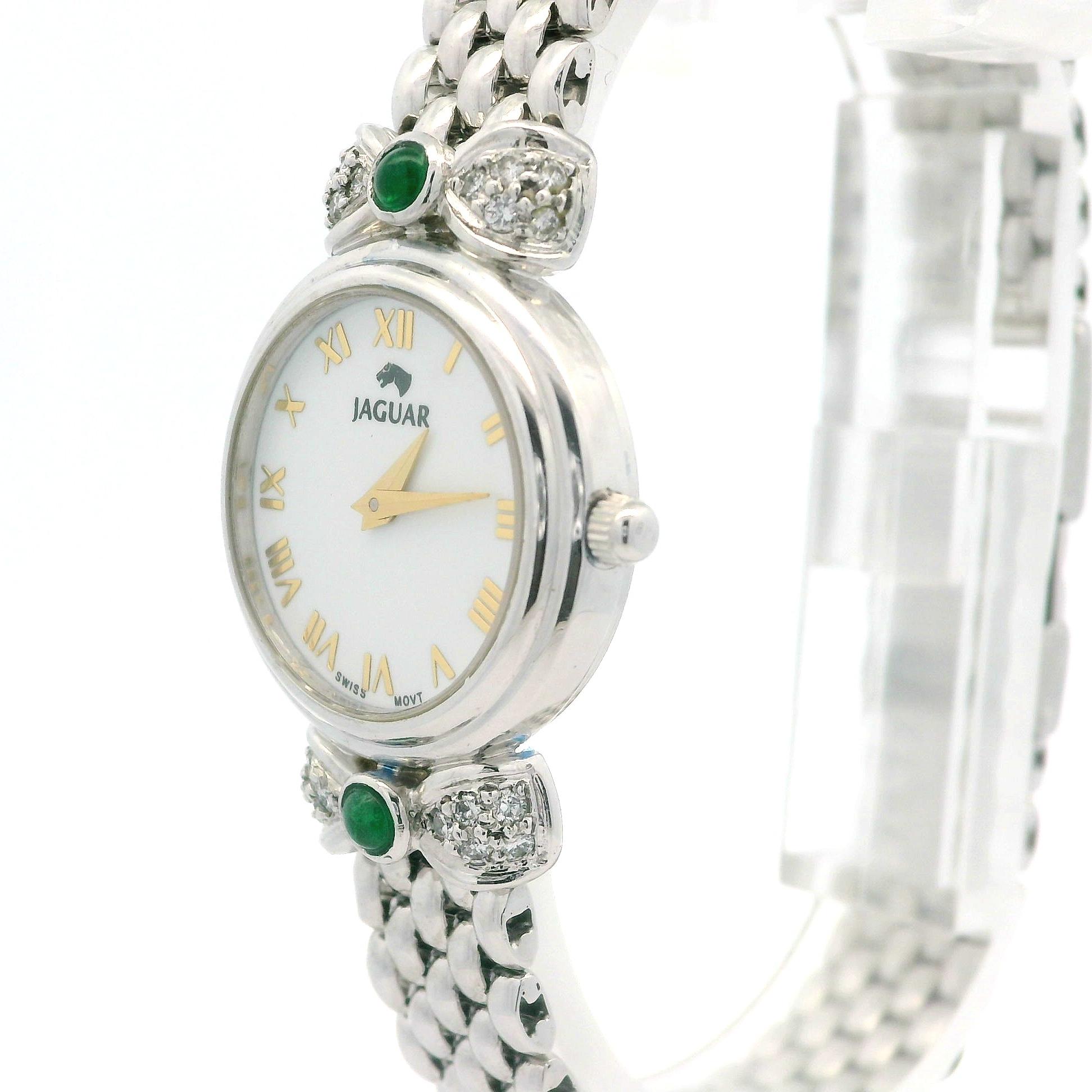 Round Cut Jaguar Platinum 22mm Diamond & Emerald Ribbon Wrist Watch Bracelet For Sale