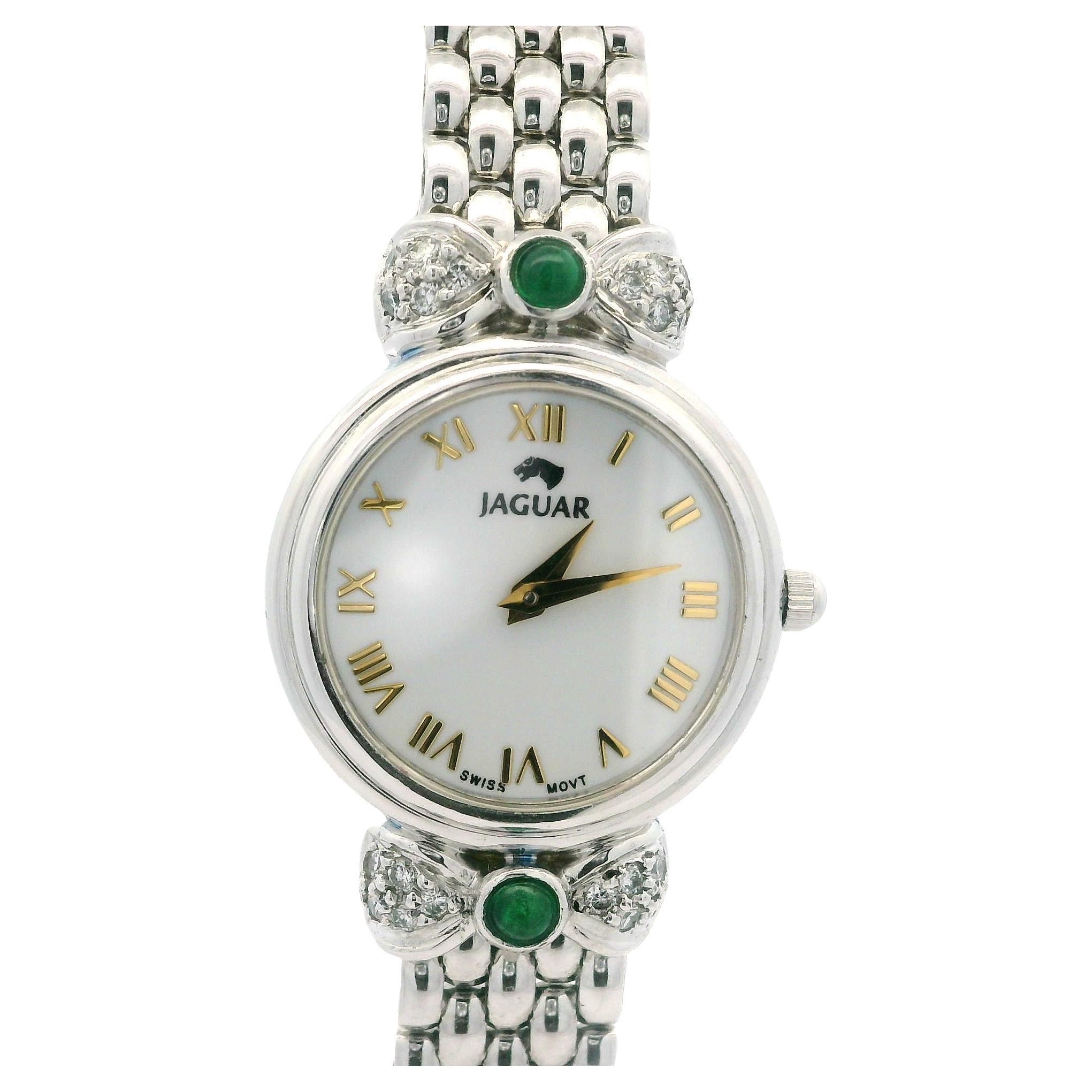 Jaguar Platinum 22mm Diamond & Emerald Ribbon Wrist Watch Bracelet