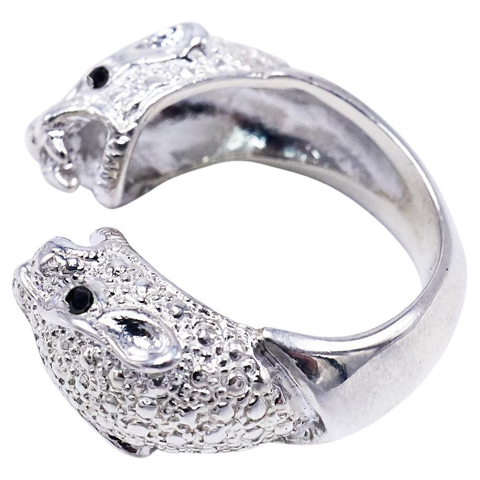 Bague Jaguar à double tête de cocktail en argent sterling et diamant noir J Dauphin en vente