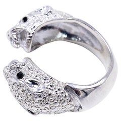 Bague Jaguar à double tête de cocktail en argent sterling et diamant noir J Dauphin