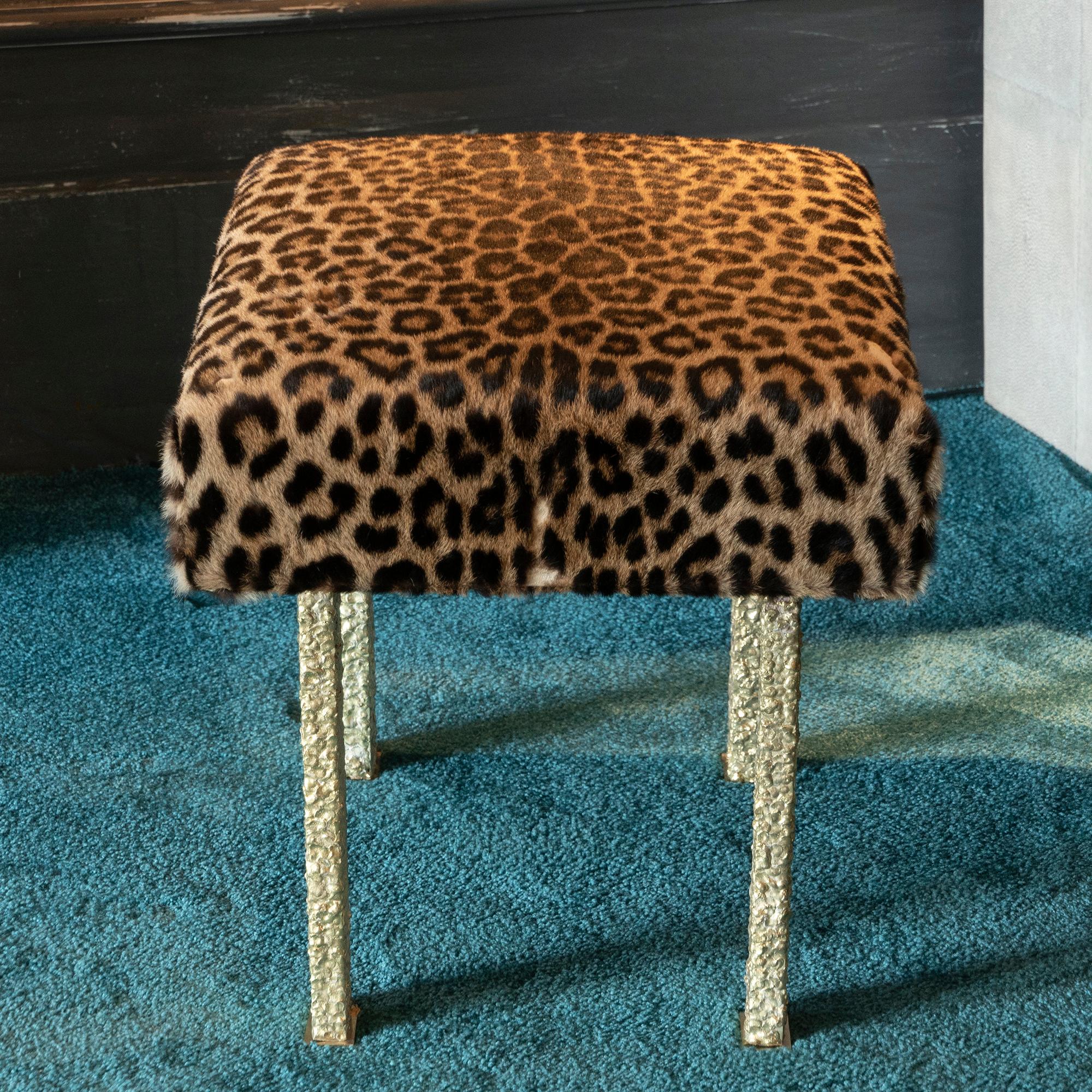 Italian Jaguar Skin Stool, Forged Brass Structure, Italy, 2018