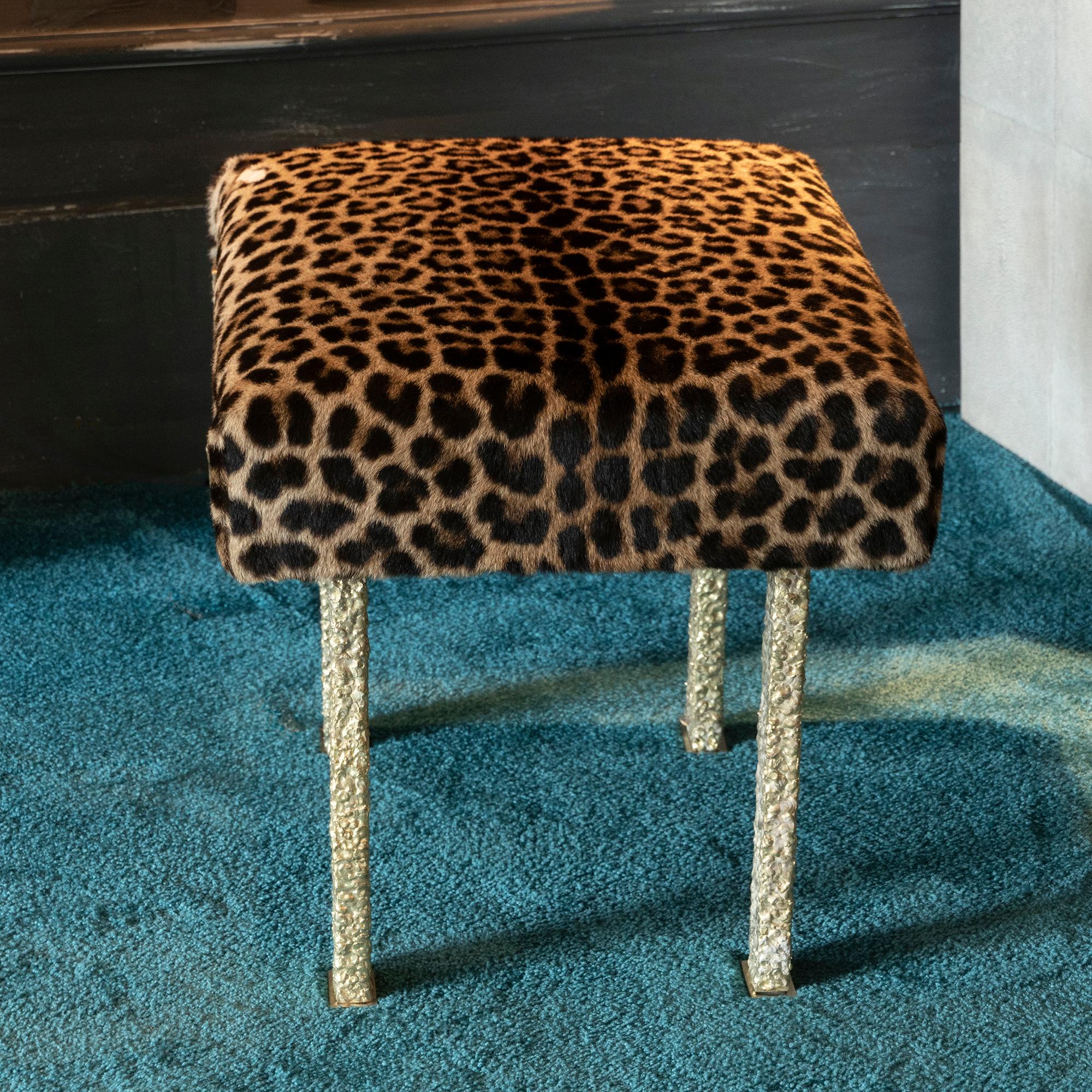 Contemporary Jaguar Skin Stool, Forged Brass Structure, Italy, 2018
