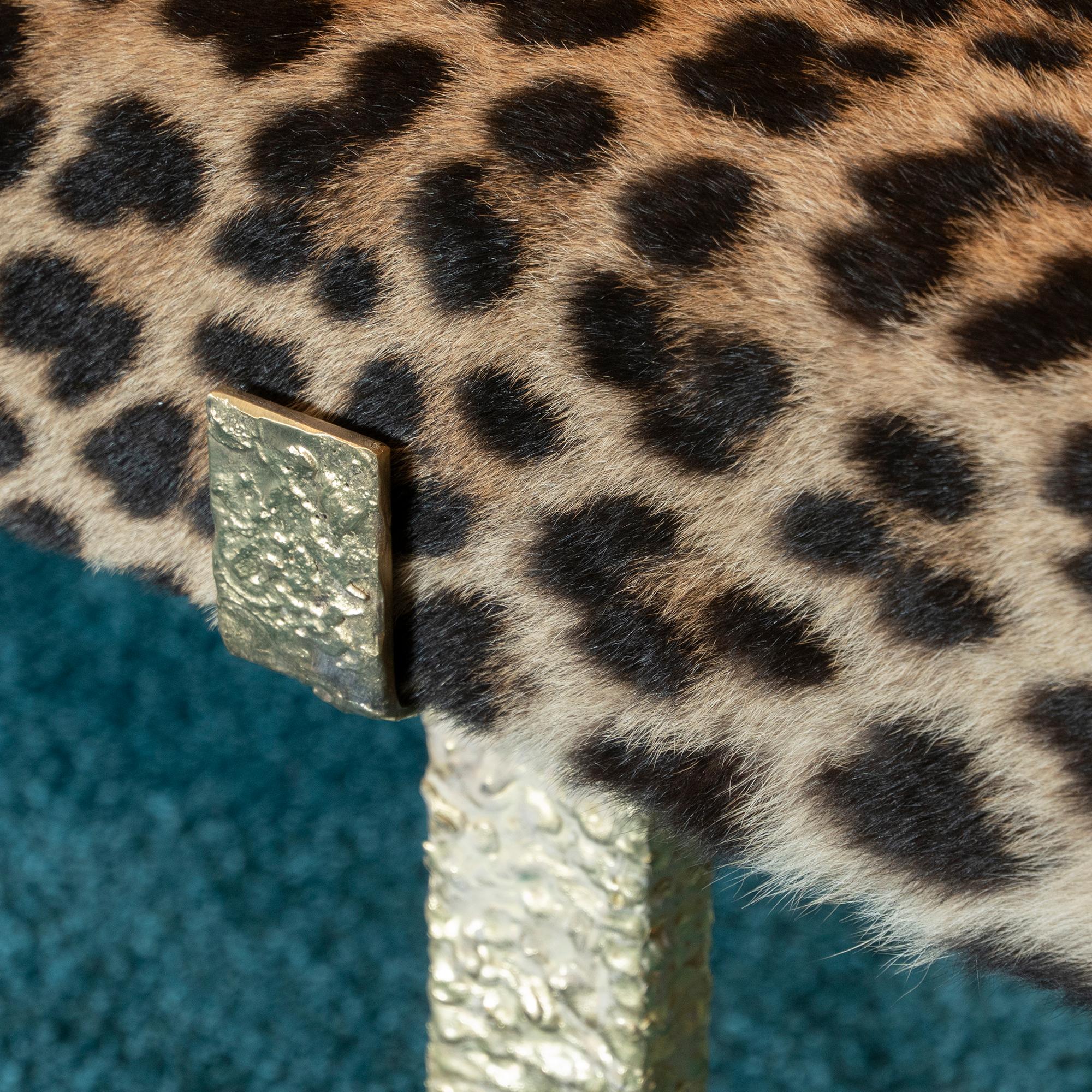 Animal Skin Jaguar Skin Stool, Forged Brass Structure, Italy, 2018
