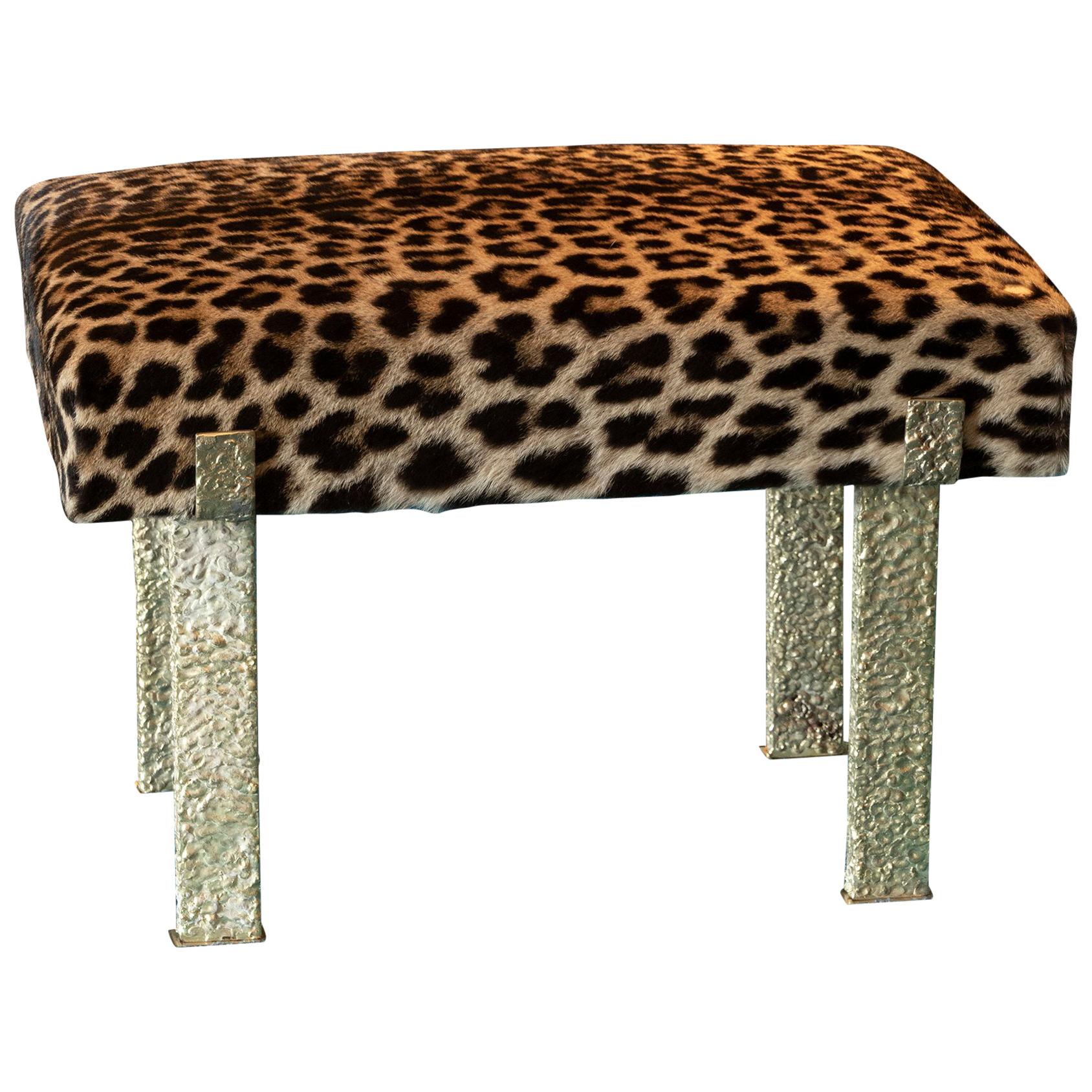 Jaguar Skin Stool, Forged Brass Structure, Italy, 2018