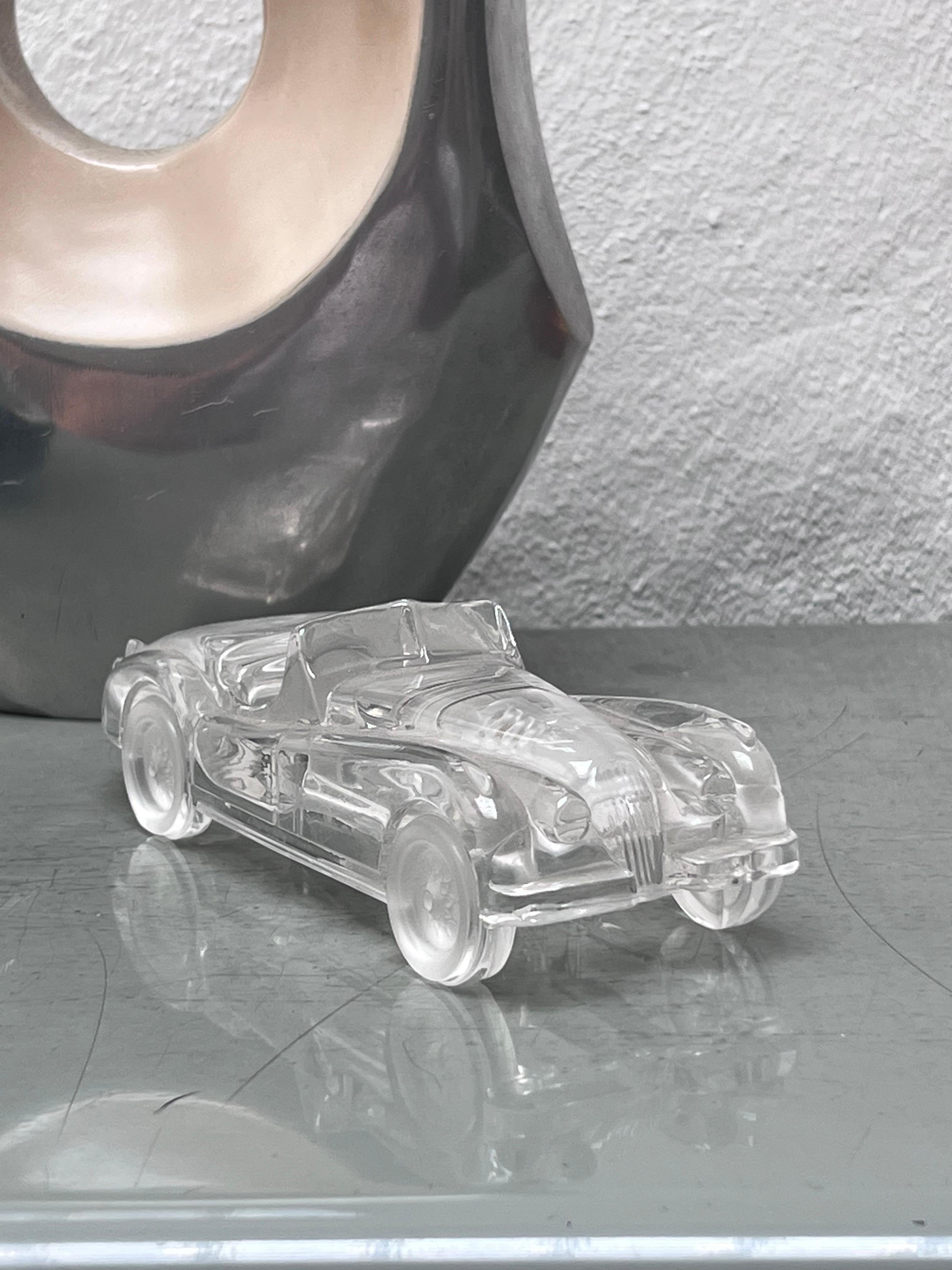 Modern Jaguar XK 120 model car in clear crystal, decorative object, made in Italy For Sale