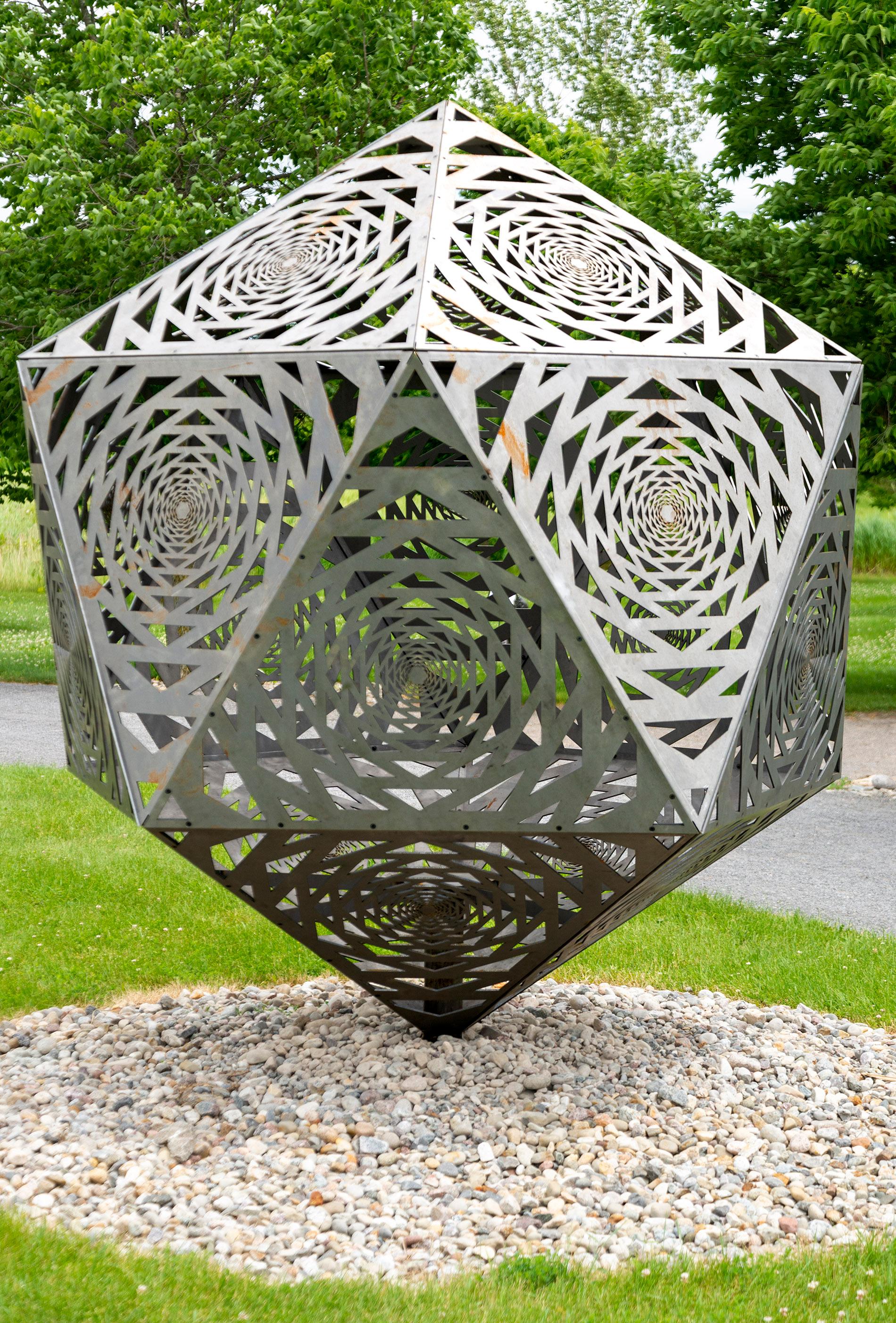 Jah Qube Abstract Sculpture - Aqua - large, geometric abstract, contemporary, mild steel, outdoor sculpture