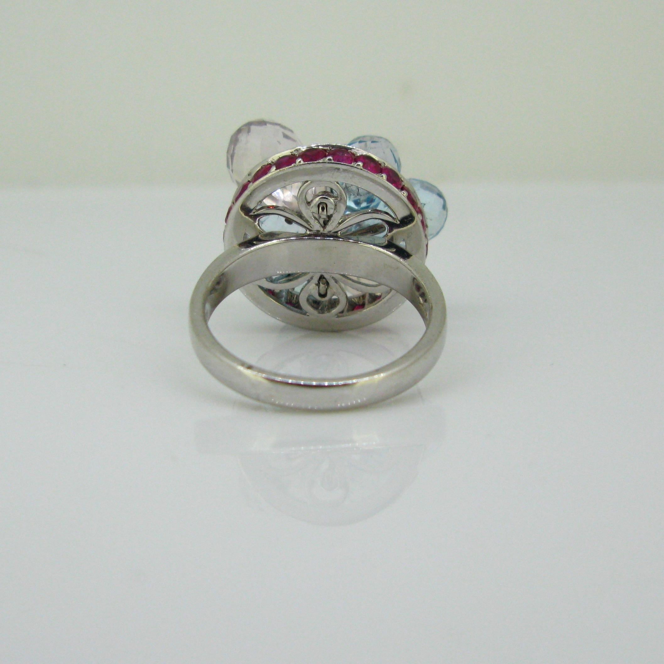 Modern Jahan Briolette Cut Pink Quartz Aquamarine, Black Diamonds and Rubies White Gold