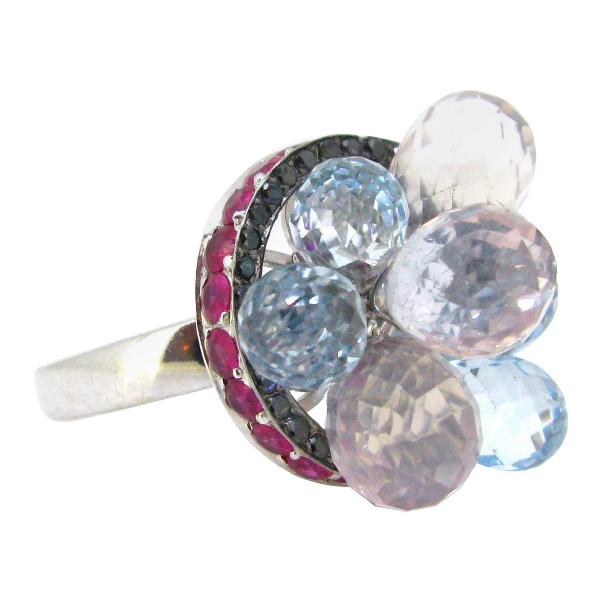 Jahan Briolette Cut Pink Quartz Aquamarine, Black Diamonds and Rubies White Gold