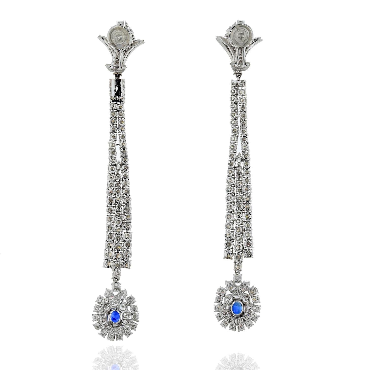 Round Cut Jahan Diamond and Sapphire Long Dangle Earrings For Sale
