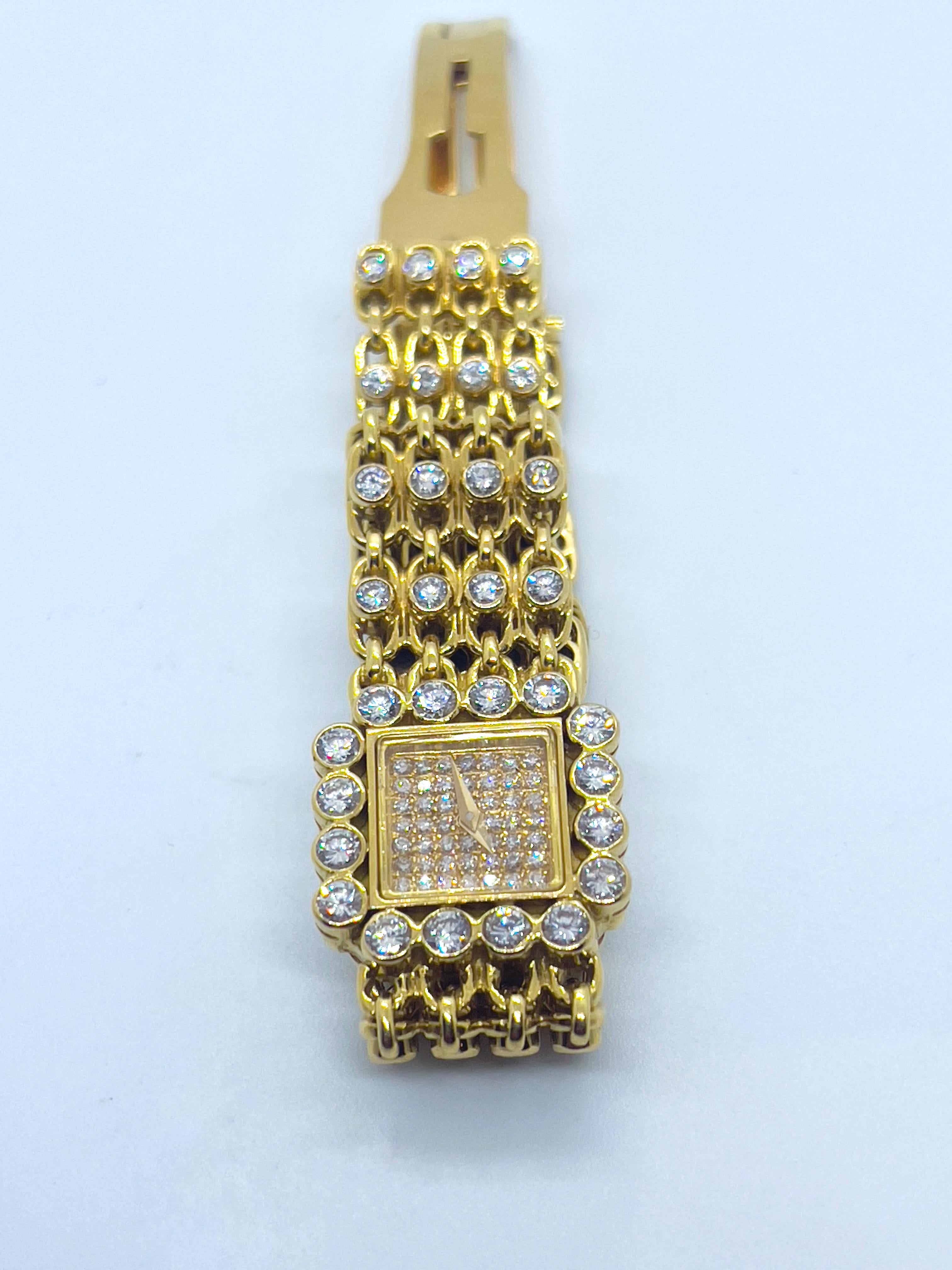A beautiful Jahan Geneve diamond ladies watch crafted in 18K yellow gold. The rectangular dial which is fully paved with the round-cut diamonds also is surrounded by 16 diamonds 0.1 carat each one. The golden wrist bracelet is decorated with 88