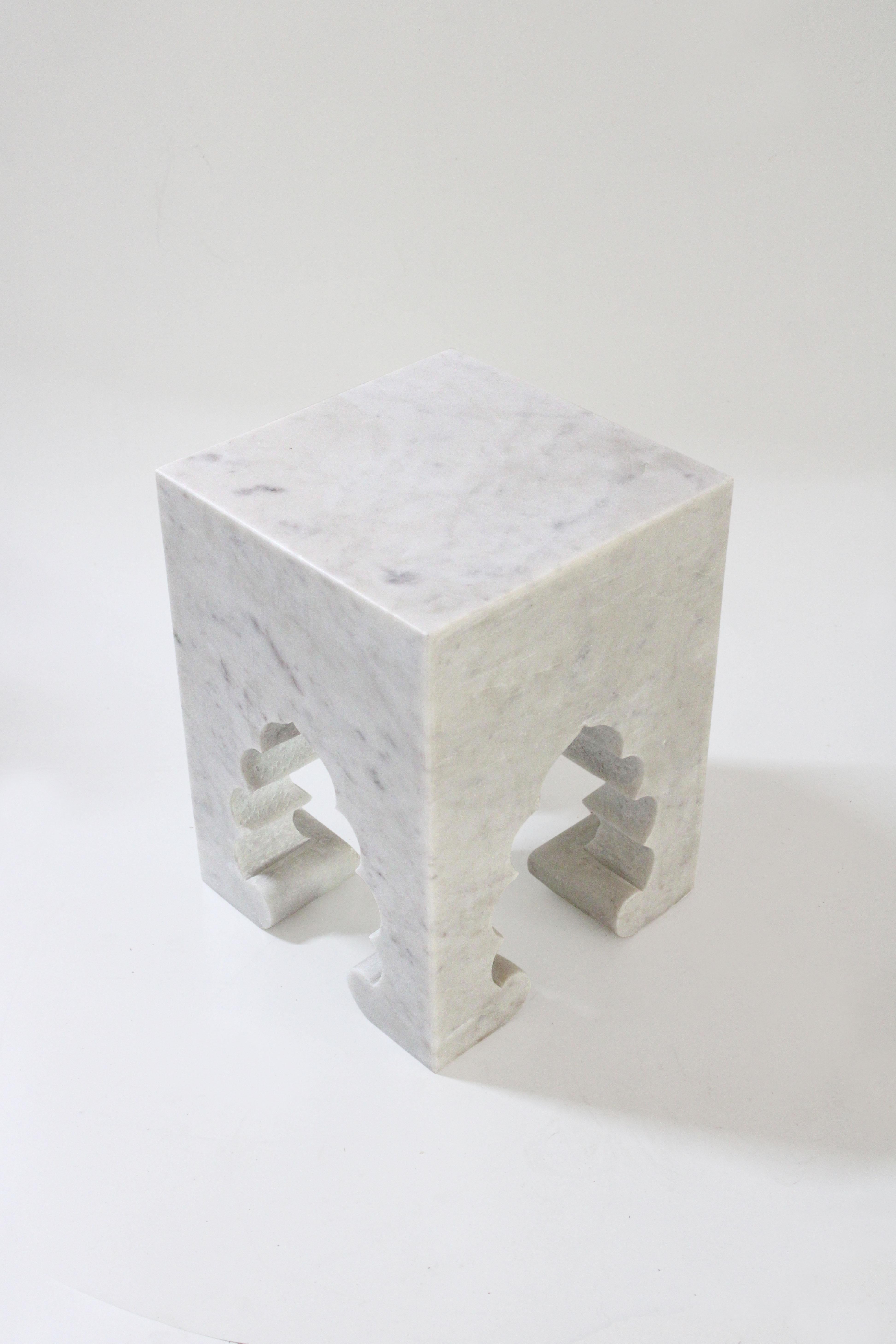 Hand-Carved Jahangir II Side Table in White Marble by Paul Mathieu for Stephanie Odegard For Sale
