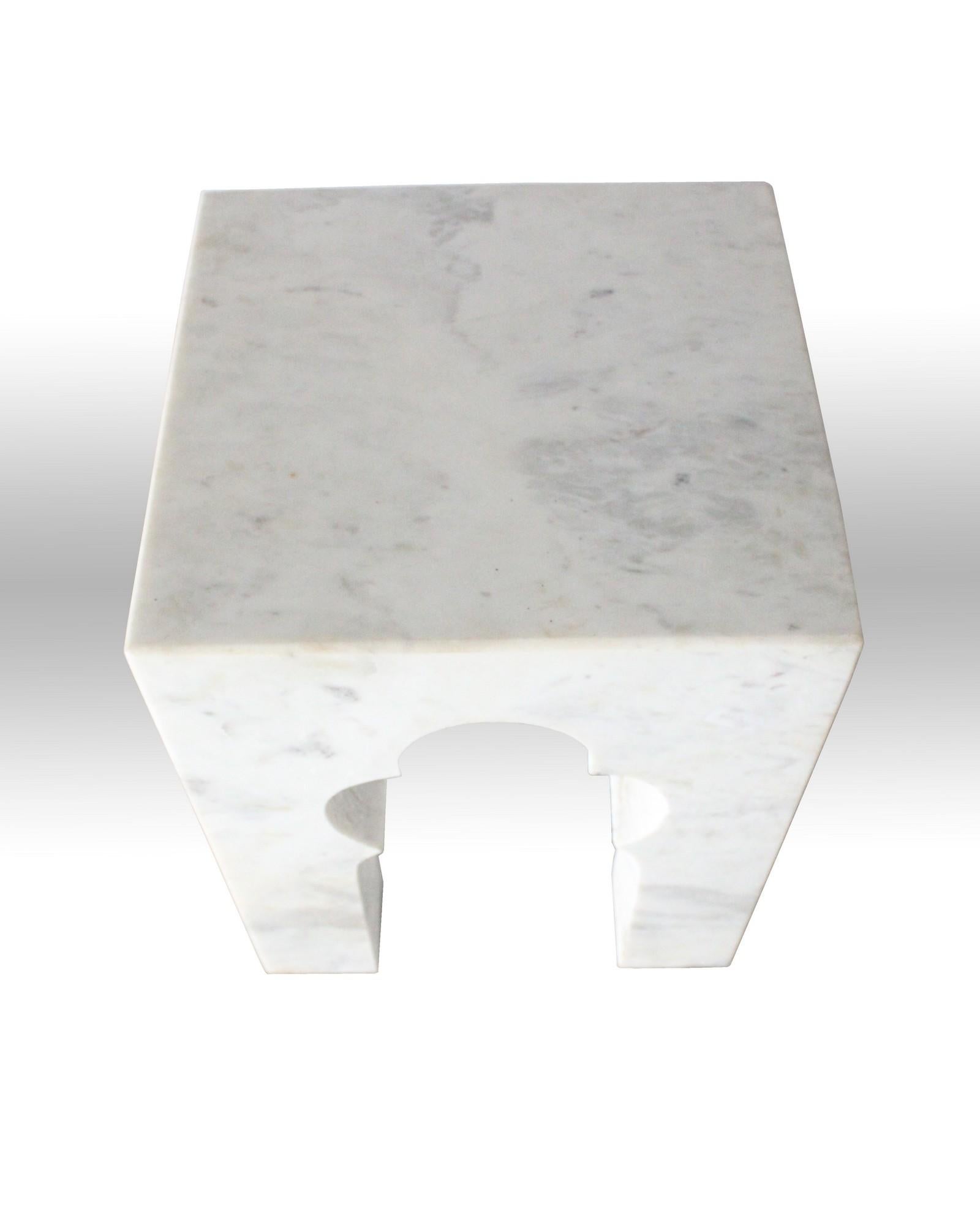 Hand-Carved Jahangir Side Table in White Marble by Paul Mathieu for Stephanie Odegard For Sale