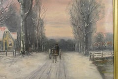 Antique Horse and Carriage  Danish  Winter Landscape Oil  Painting circa 1940