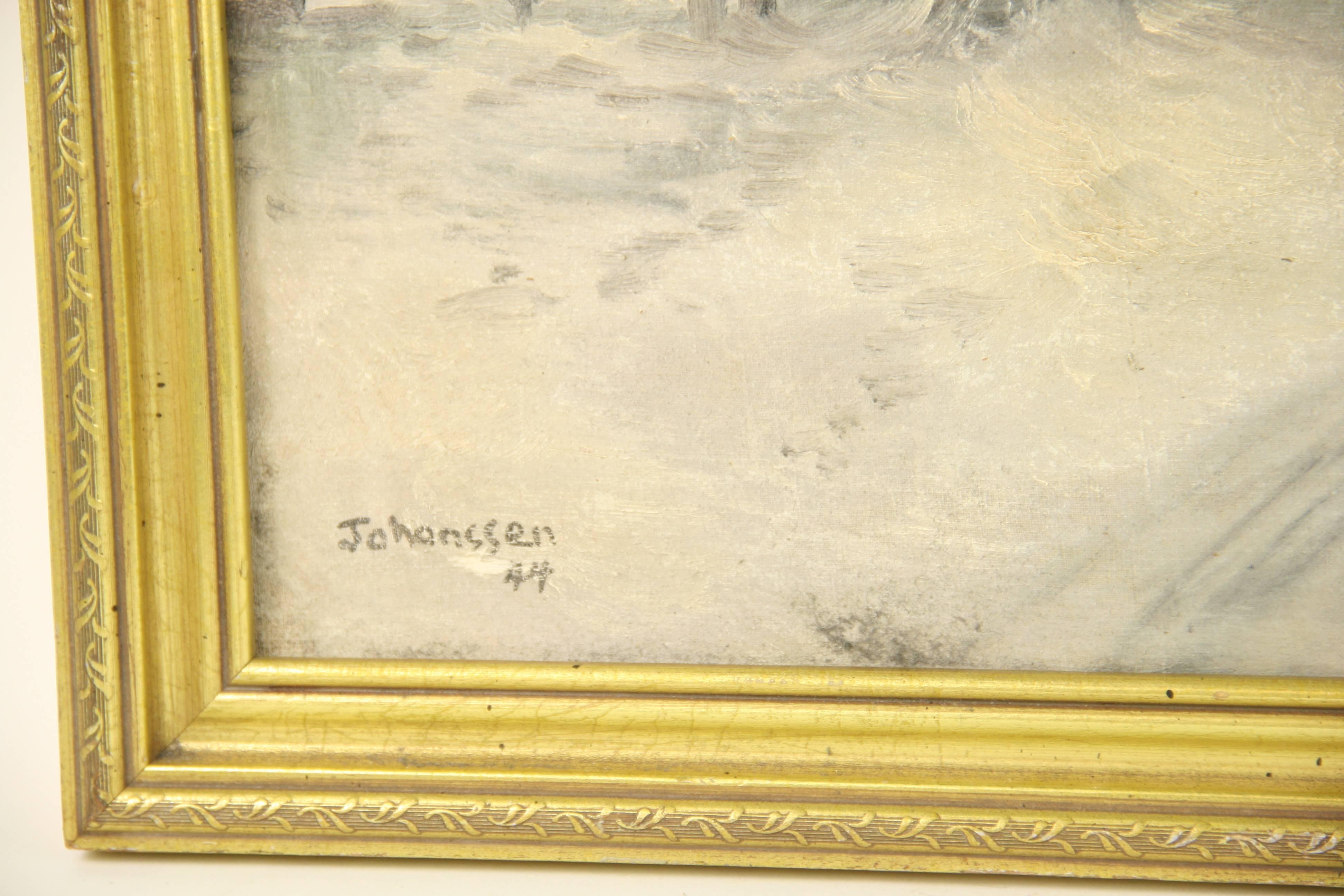 Cavallo e carrozza antichi  Danese  Paesaggio d'inverno a olio  Pittura del 1940 circa in vendita 1