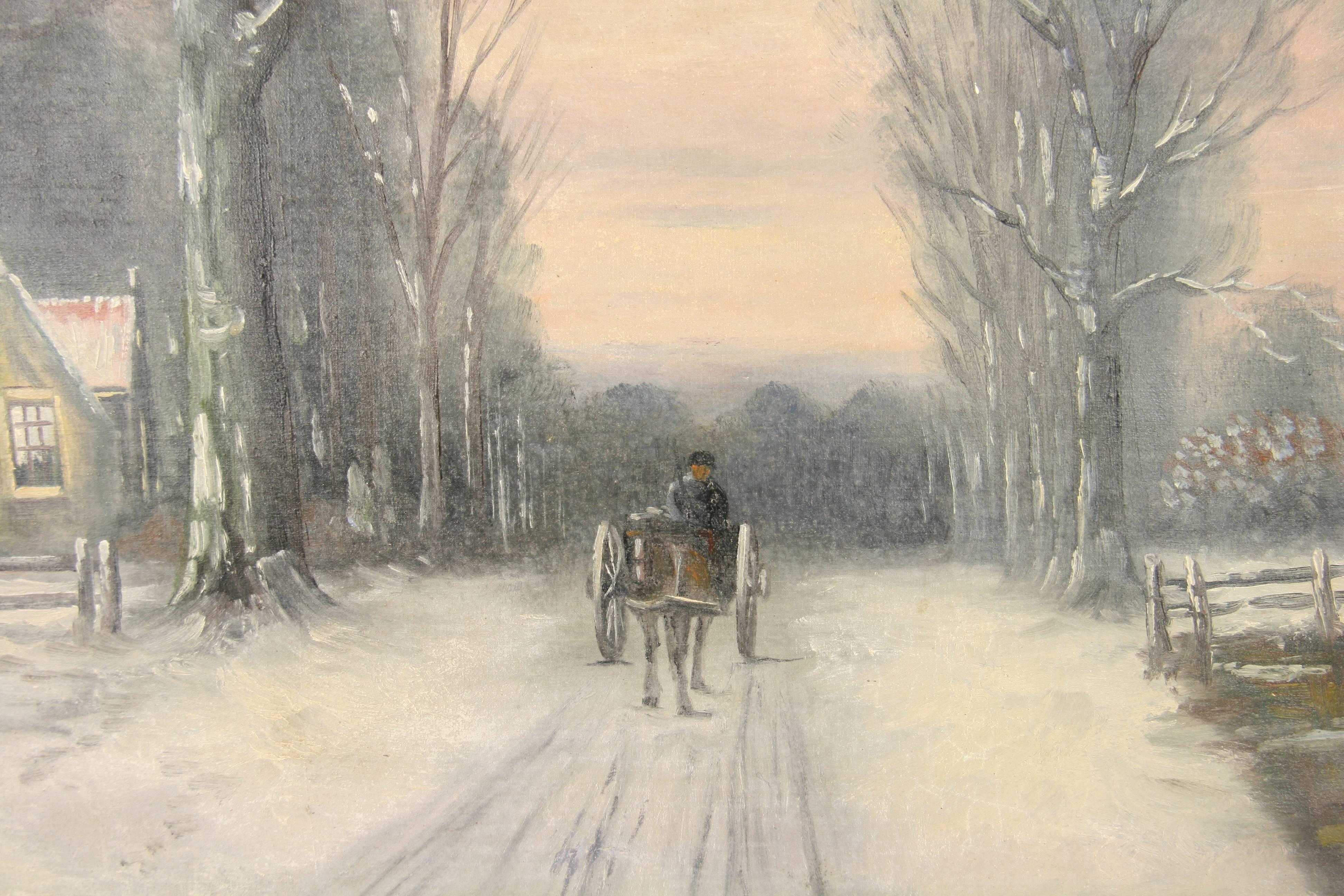 Cavallo e carrozza antichi  Danese  Paesaggio d'inverno a olio  Pittura del 1940 circa in vendita 3