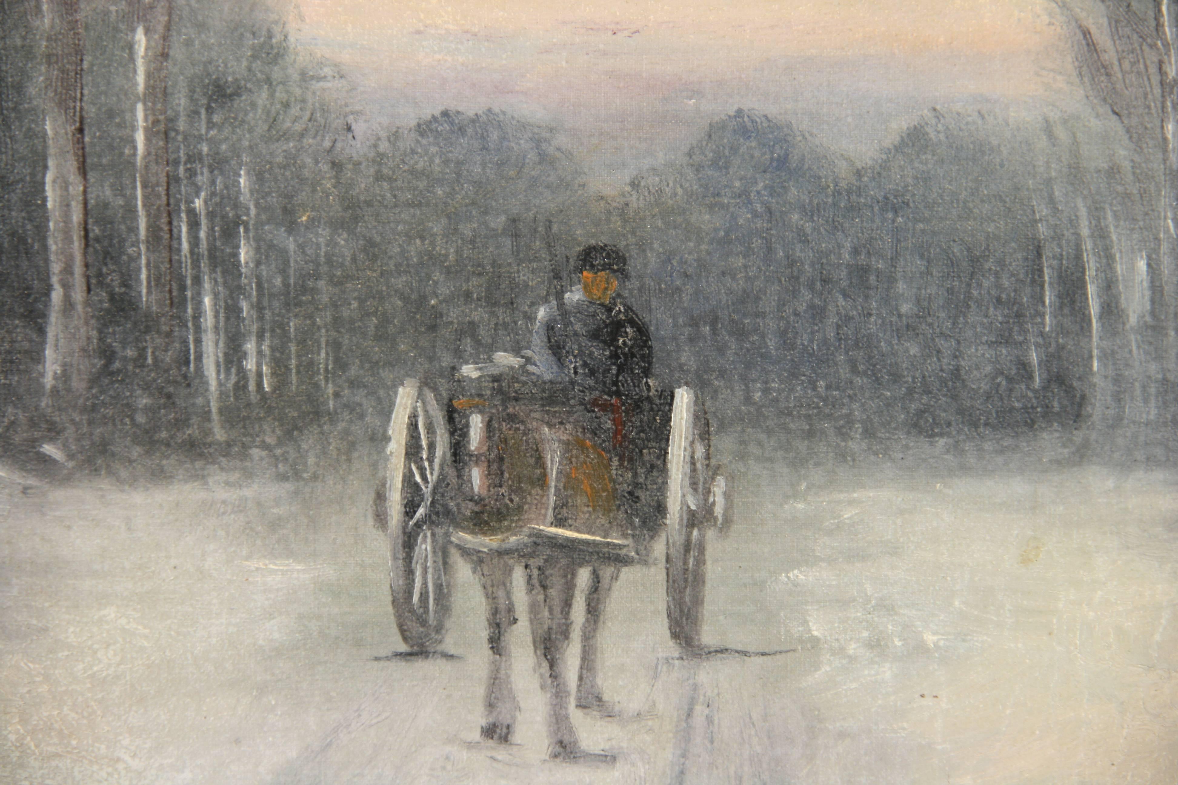 Cavallo e carrozza antichi  Danese  Paesaggio d'inverno a olio  Pittura del 1940 circa in vendita 4