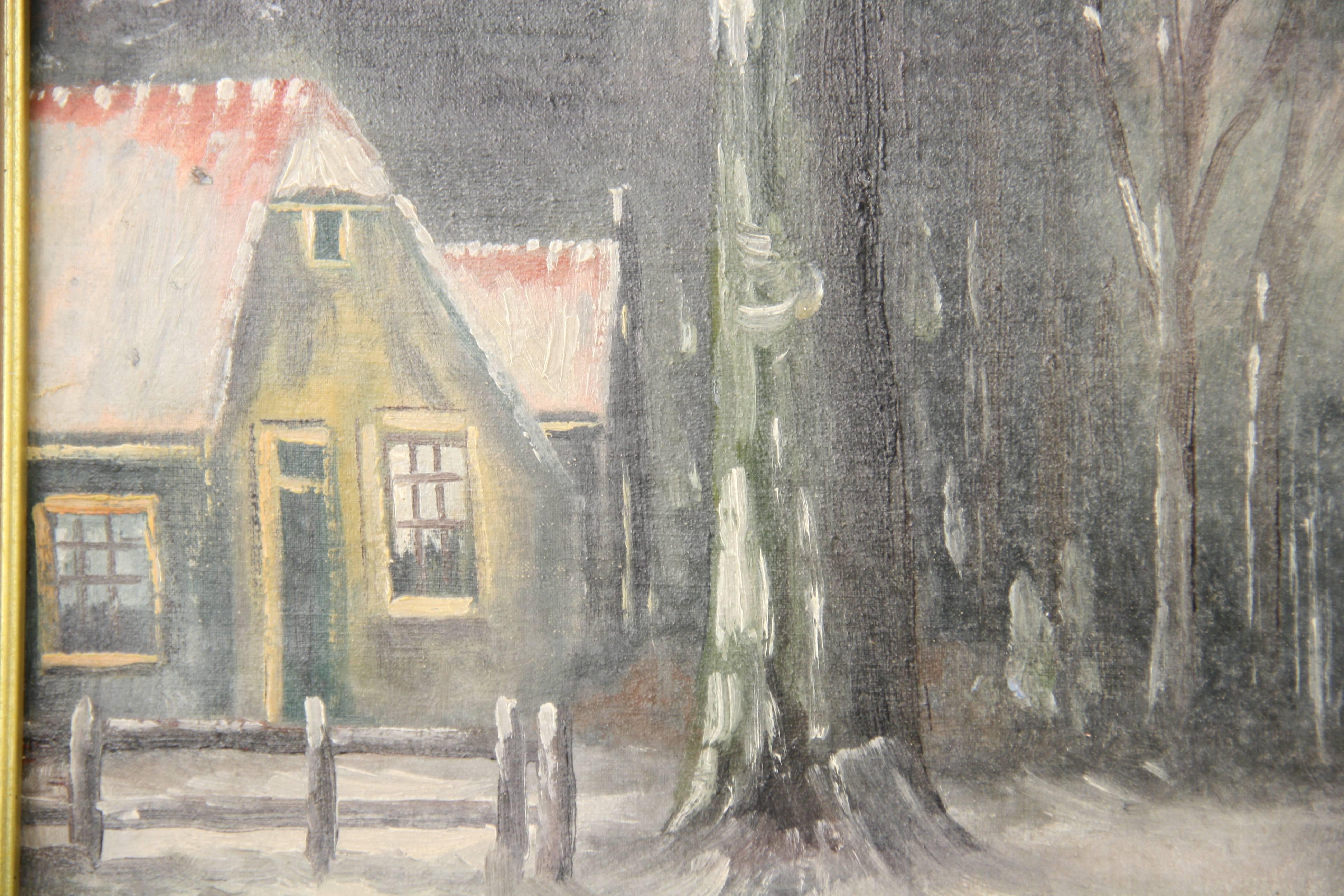 Cavallo e carrozza antichi  Danese  Paesaggio d'inverno a olio  Pittura del 1940 circa in vendita 5