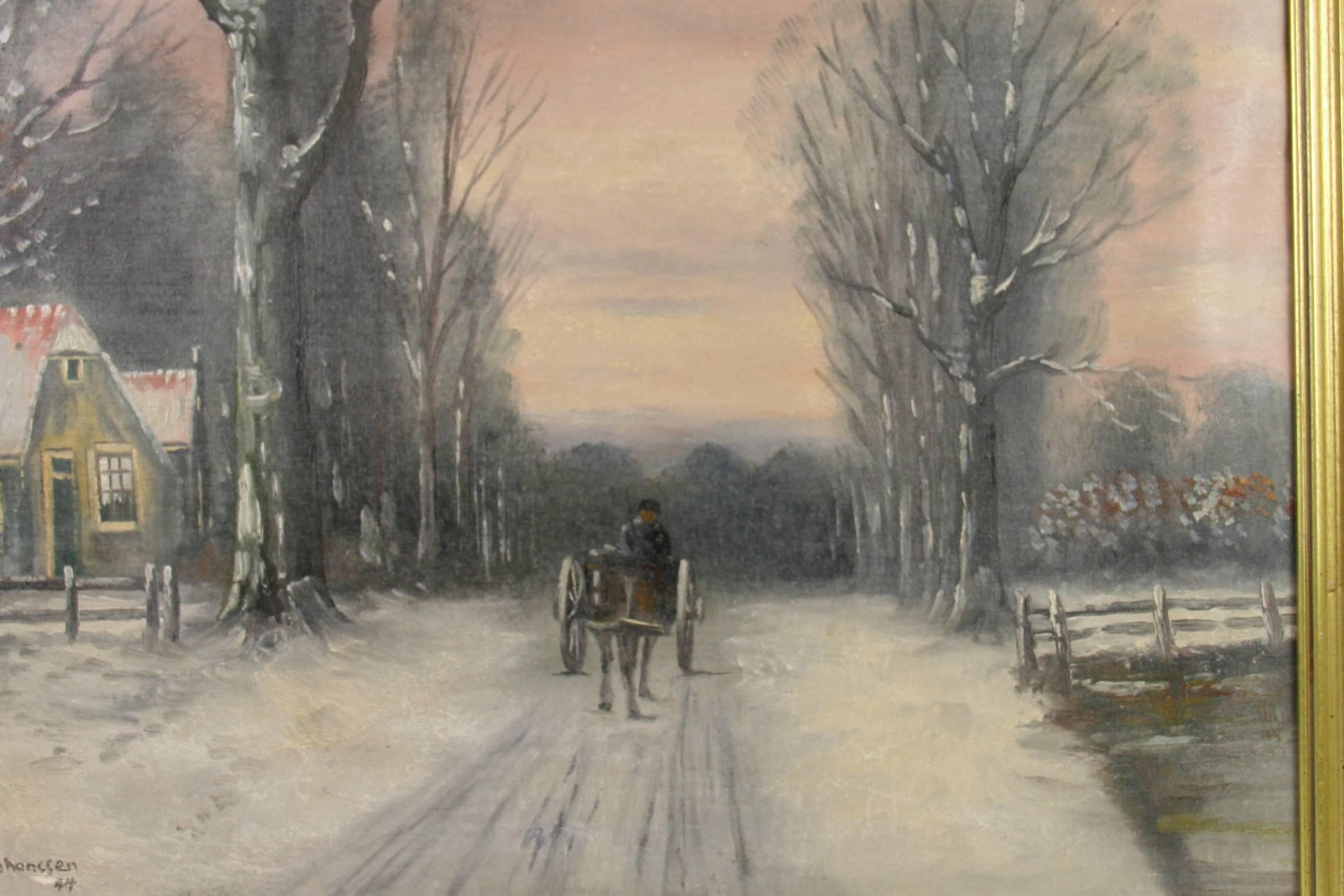 Antique Horse and Carriage  Danish  Winter Landscape Oil  Painting circa 1940 For Sale 1