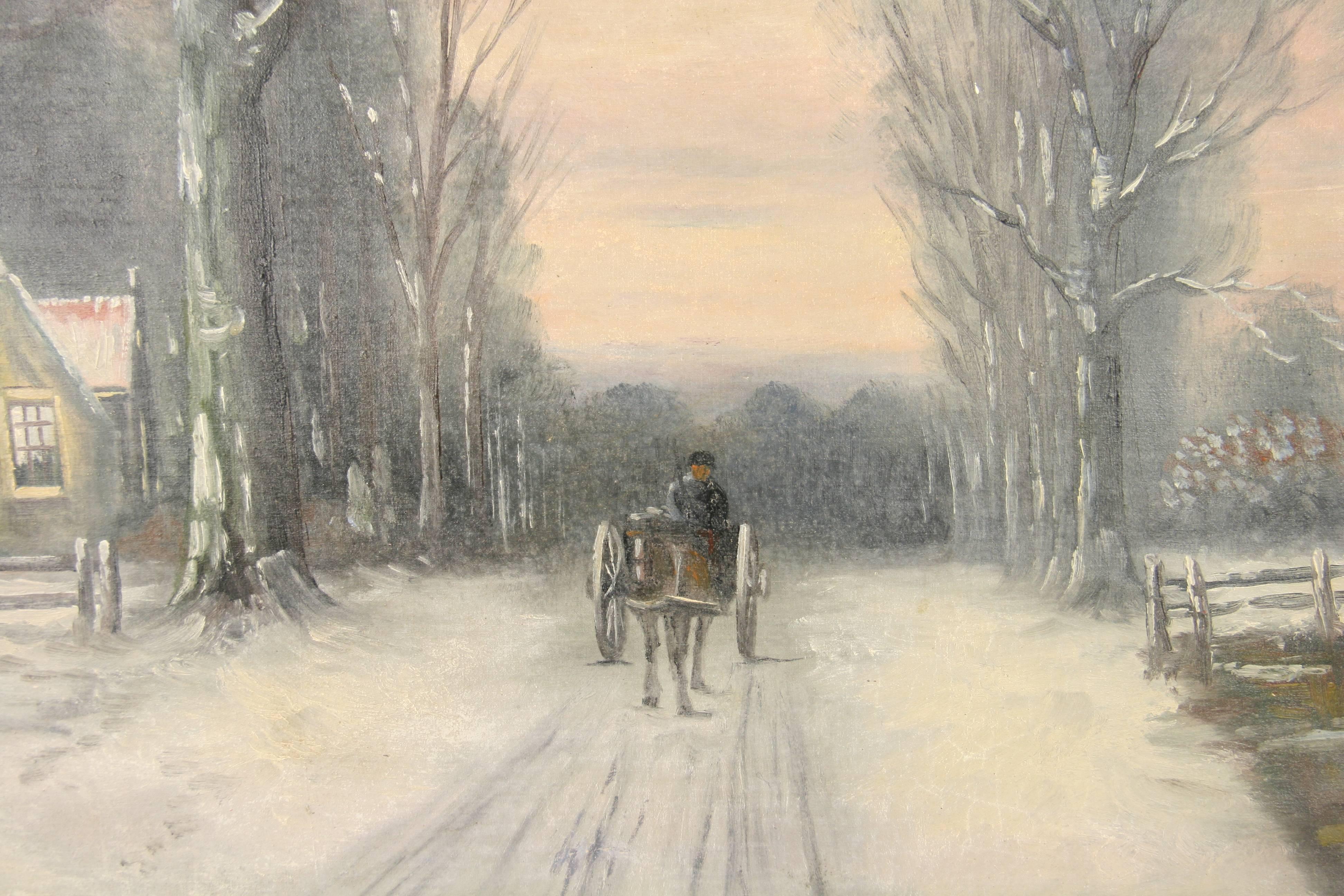 Antique Horse and Carriage  Danish  Winter Landscape Oil  Painting circa 1940 For Sale 4