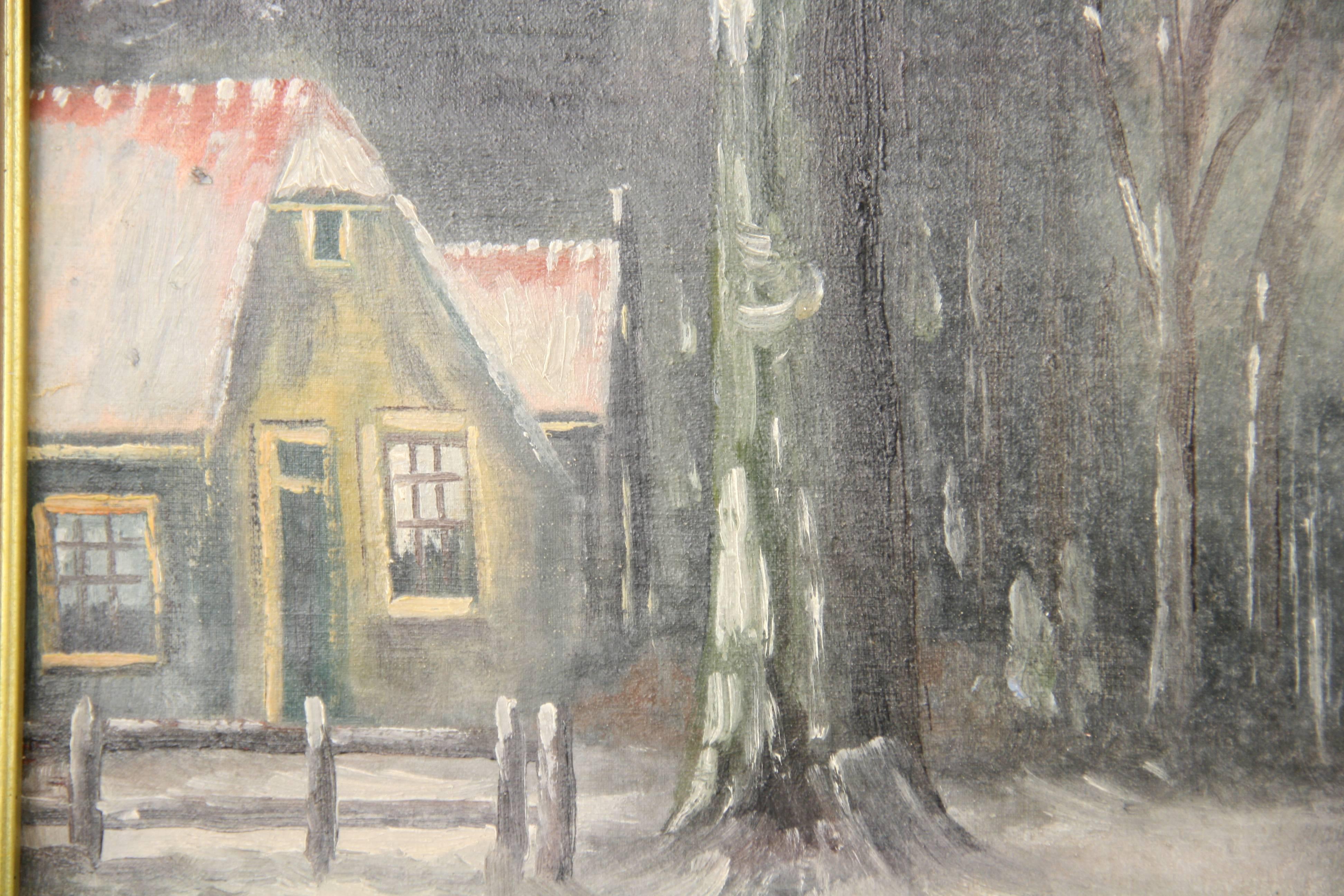 Antique Horse and Carriage  Danish  Winter Landscape Oil  Painting circa 1940 For Sale 6