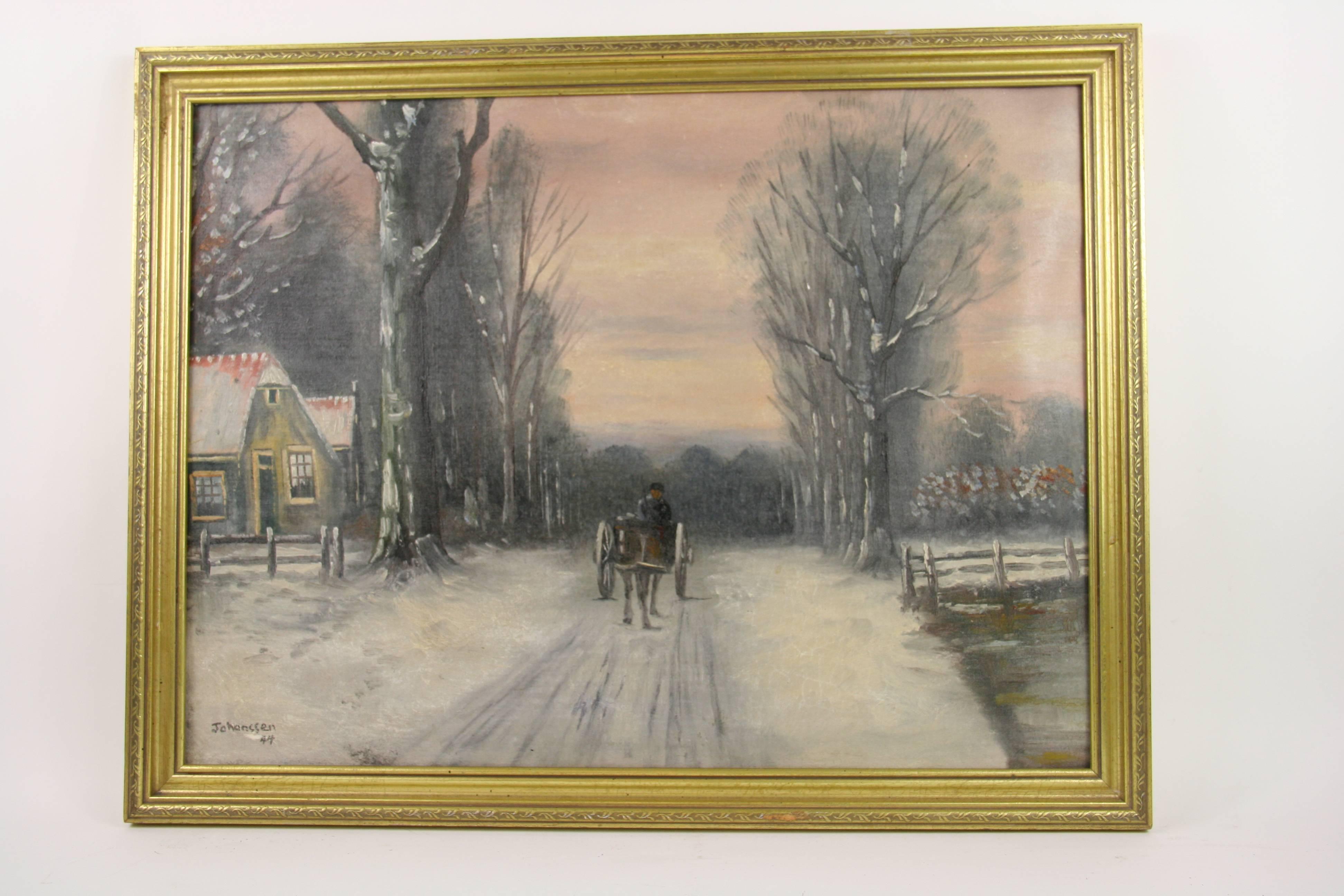 Jahanssen Landscape Painting - Antique Horse and Carriage  Danish  Winter Landscape Oil  Painting circa 1940