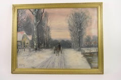 Vintage Horse and Carriage  Danish  Winter Landscape Oil  Painting circa 1940