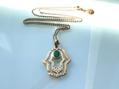 JAHDO 9ct Gold 18" Necklace Hamsa Hand with Emeralds & Sapphires