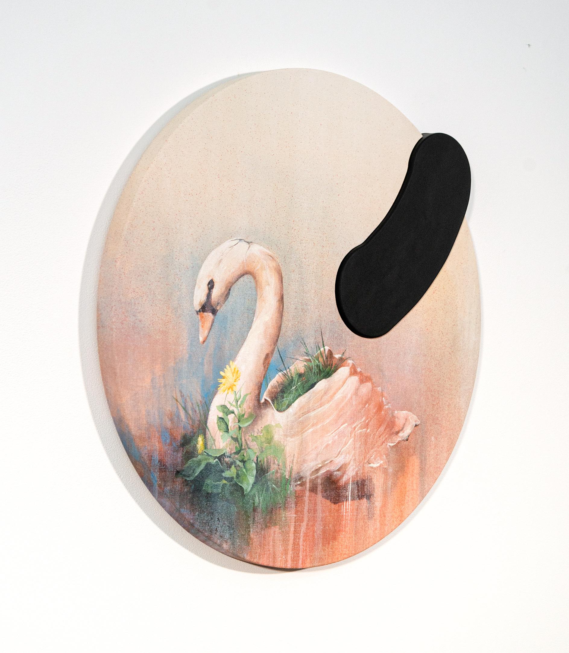 At once classic and contemporary, this painting by Jahn Page is part of a series dedicated to ‘an examination of life through the filter of flowers.’ On a tondo (circular canvas) a finely detailed plastic white swan becomes the centrepiece for a