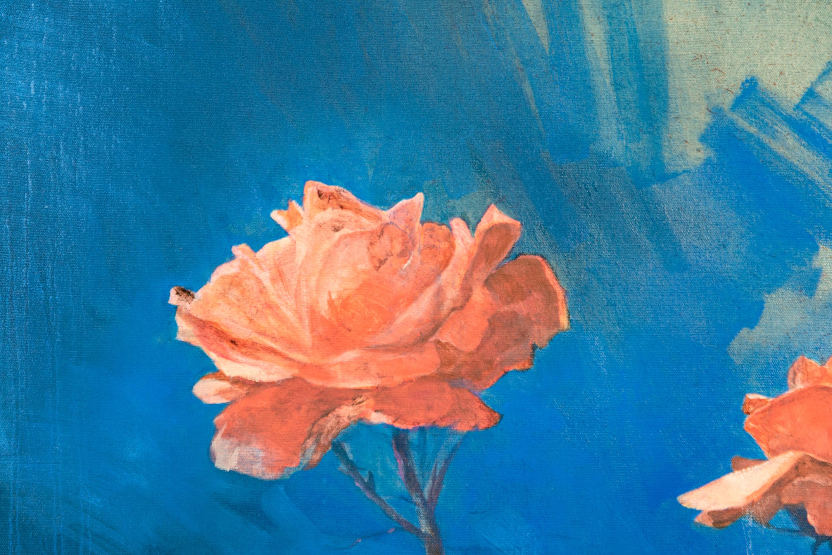 Lush stems of gorgeous coral-coloured roses play against a deep blue and white background. This is Jahn Page. His delightfully fresh, modern paintings are rendered in a bright palette. The Hamilton Ontario artist signature broad gestural markings in