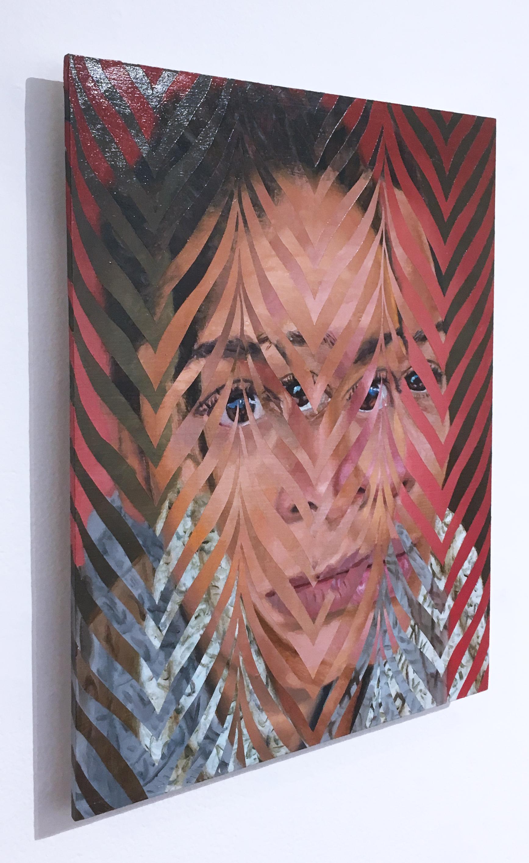 Tai by JAHRU
Oil and acrylic painting on masonite.  Portraiture with patterns and distortions by contemporary street artist JAHRU aka Jeff Huntington. Bright, saturated pinks, reds and blues with a range of earth tones. 