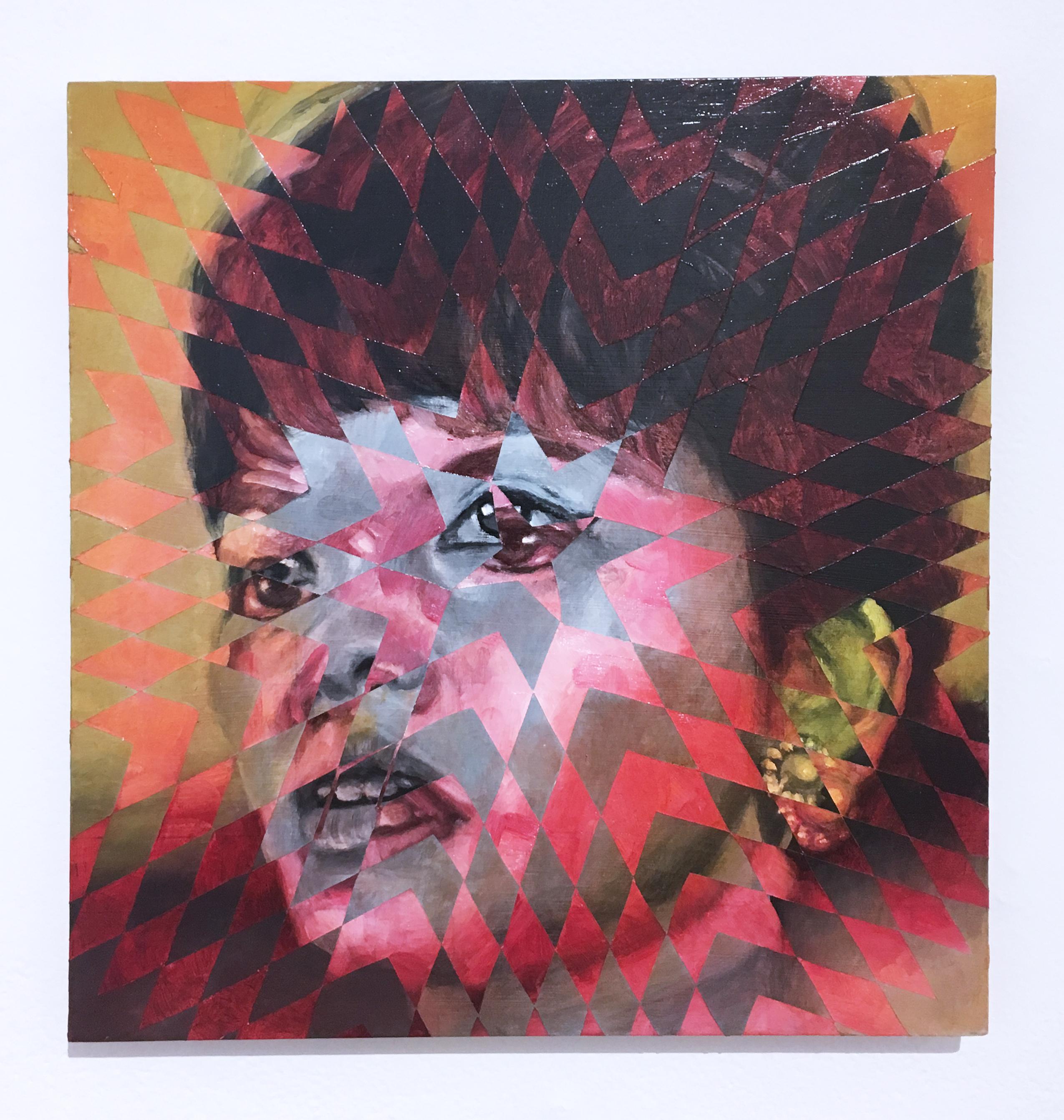 Madame Nhu aka The Dragon Lady by JAHRU
Oil and acrylic painting on MDF.  Portraiture with patterns and distortions by contemporary street artist JAHRU aka Jeff Huntington. Bright, saturated hot pinks and light pinks, oranges and yellows with a