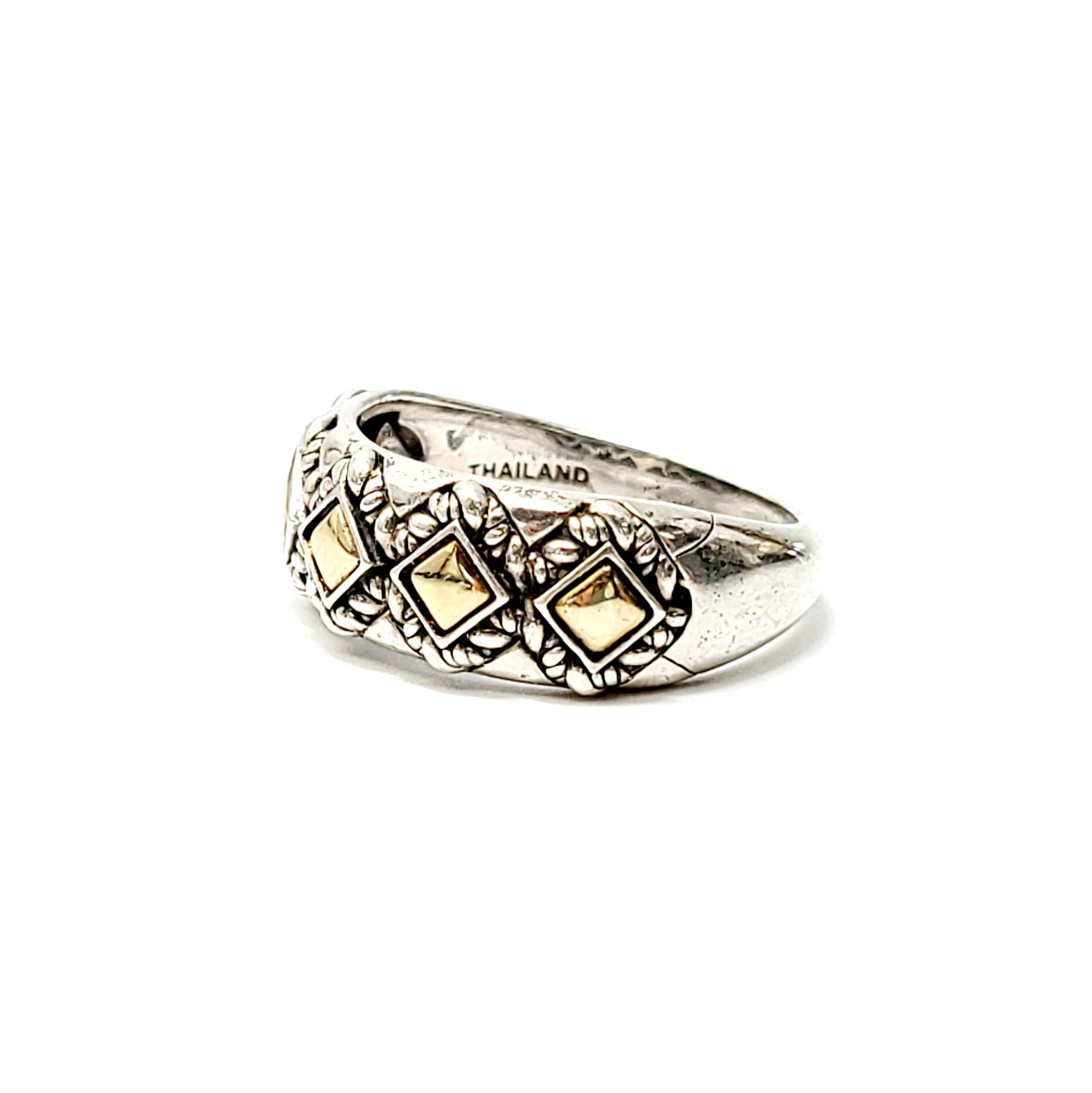 JAI by John Hardy sterling silver and 14K yellow gold ring.

Size 9

This beautiful sterling silver band with 14K yellow gold square accents is from the affordable line JAI by John Hardy for QVC featuring timeless Asian design.

Measures approx 8mm