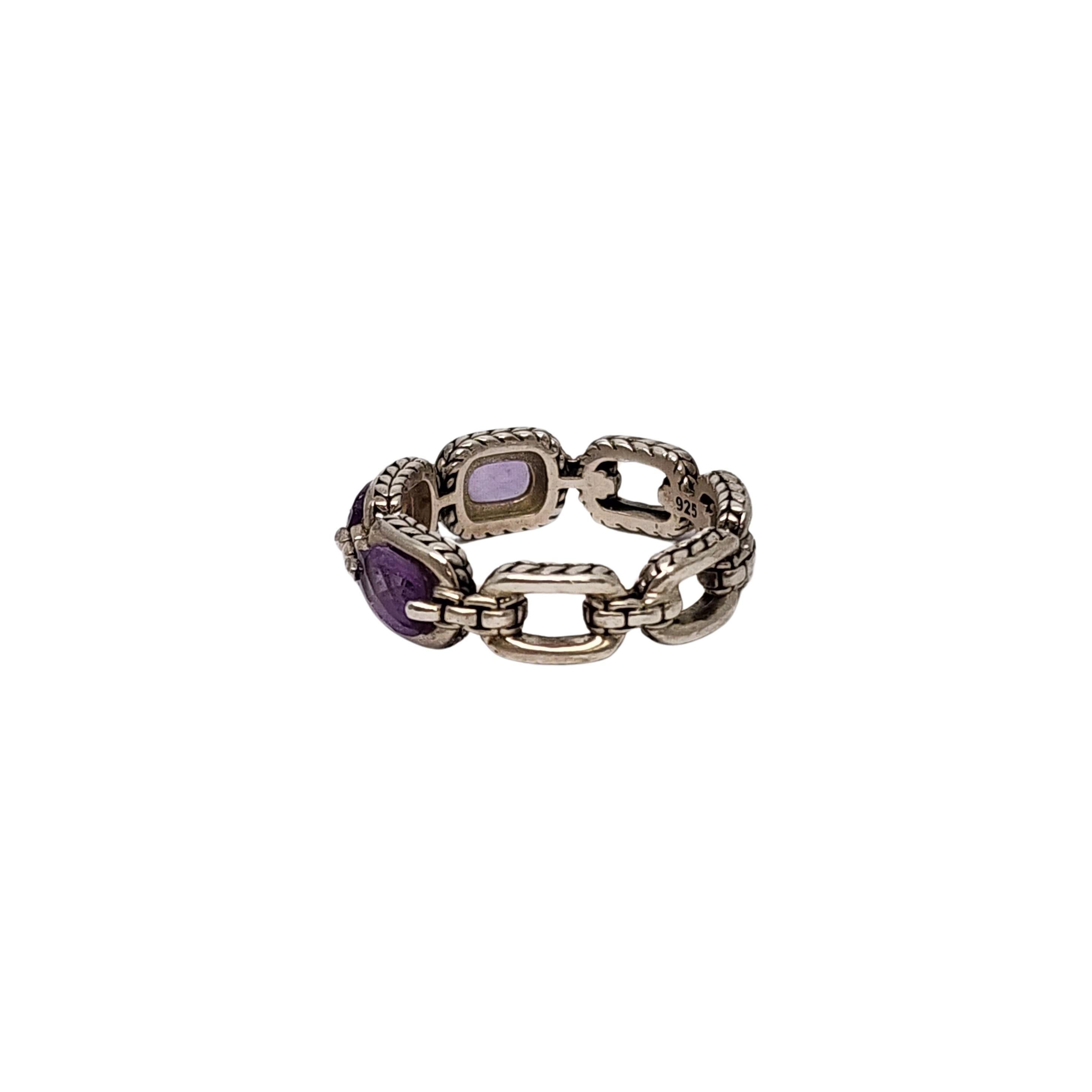 JAI by John Hardy sterling silver amethyst status link ring.

Size 6

From the affordable line JAI by John Hardy for QVC, this band style ring features rectangular links with 3 faceted amethyst stones set inside 3 of the links.

Measures approx 6mm