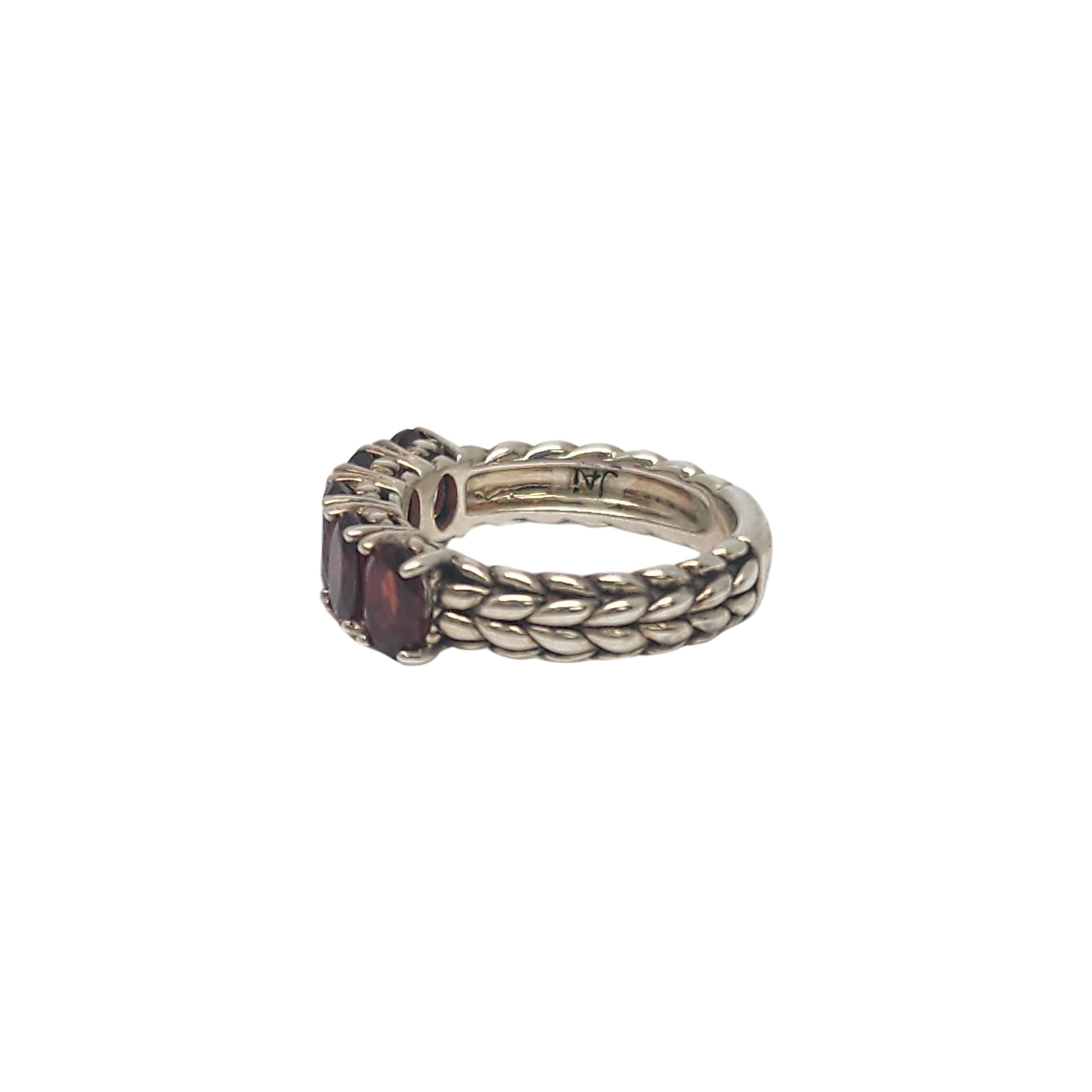 JAI by John Hardy sterling silver garnet basketweave ring.

Size 6

From the affordable line JAI by John Hardy for QVC, this ring features 5 oval faceted garnets prong set on a basketweave design band.

Measures approx 1/4