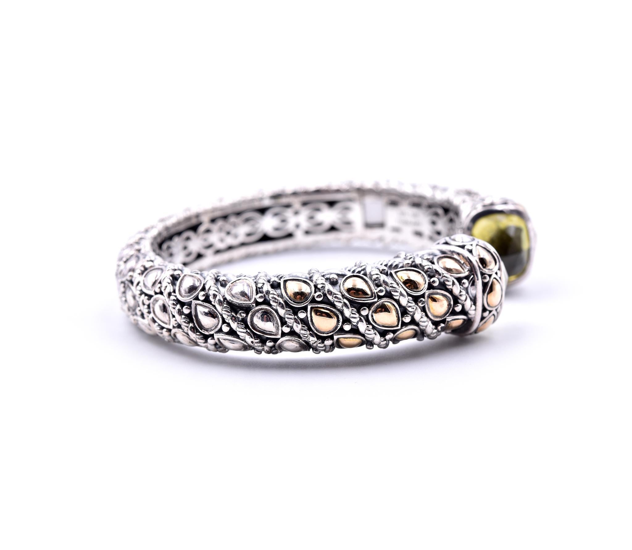 Designer: JAI
Material: sterling silver and 14k yellow gold
Gemstone: lemon quartz
Dimensions: bracelet will fit a 6.5-inch wrist
Weight: 66.91 grams	
