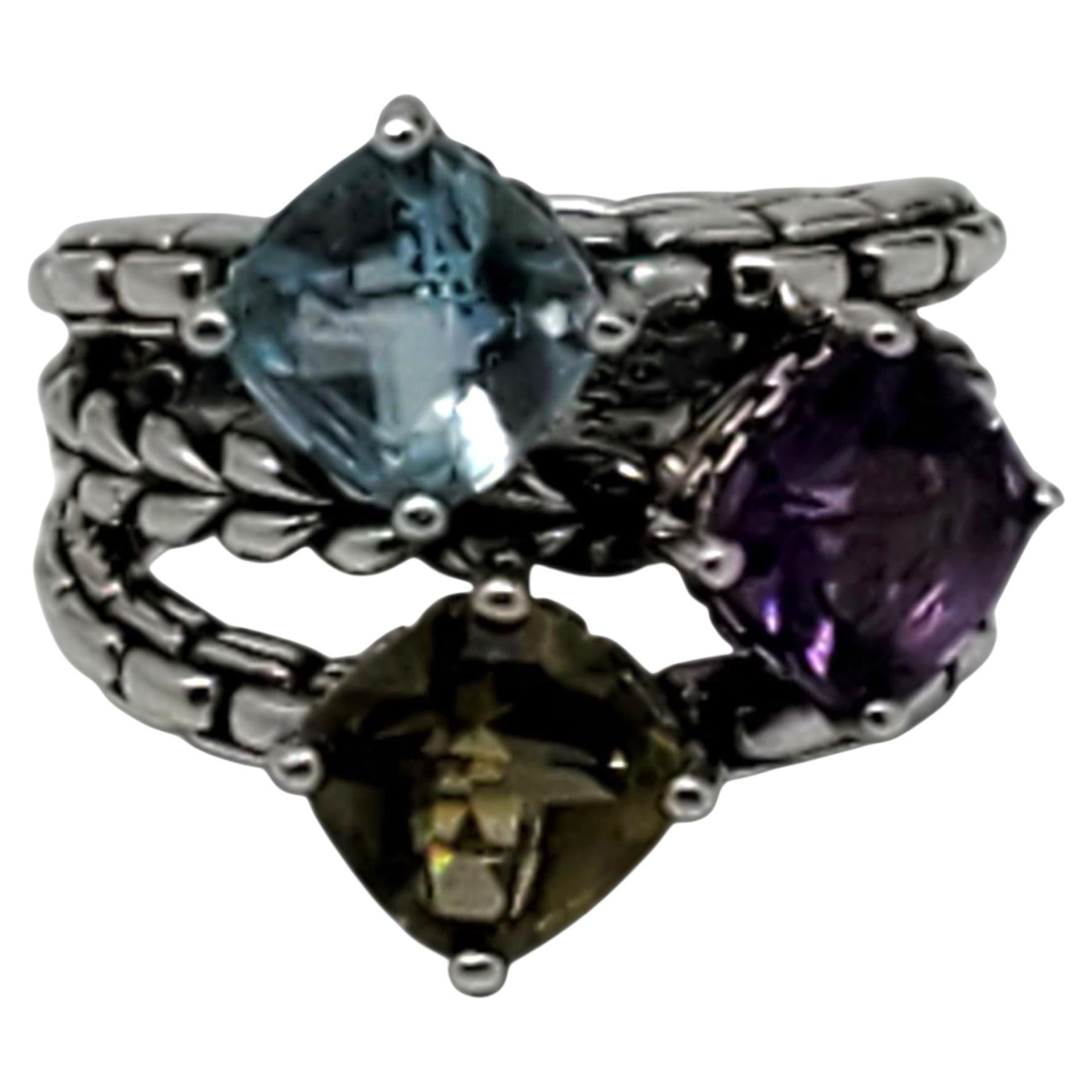 JAI Sterling Silber mehrfarbig Kissenschliff Ring Größe 6 #23459 im Angebot