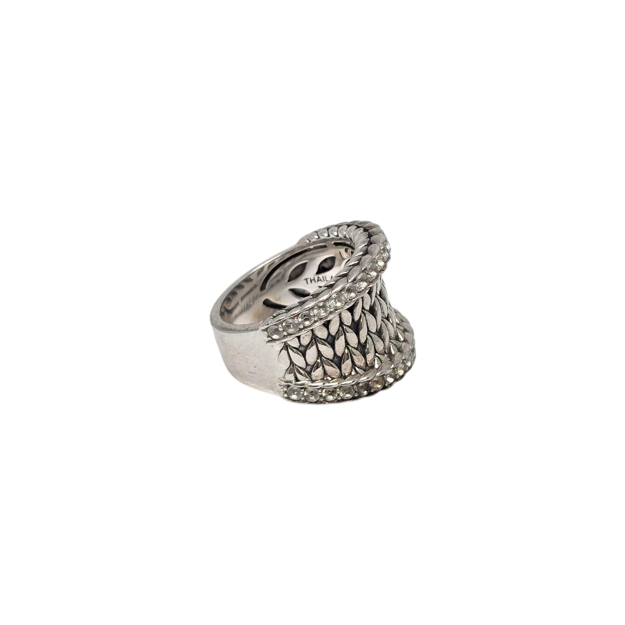 JAI Sterling Silver Pave White Topaz Basketweave Saddle Ring Size 8 #22212 In Good Condition For Sale In Washington Depot, CT