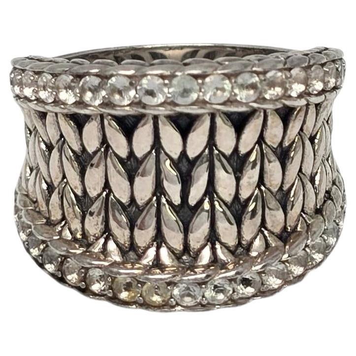 JAI Sterling Silver Pave White Topaz Basketweave Saddle Ring Size 8 #22212 For Sale