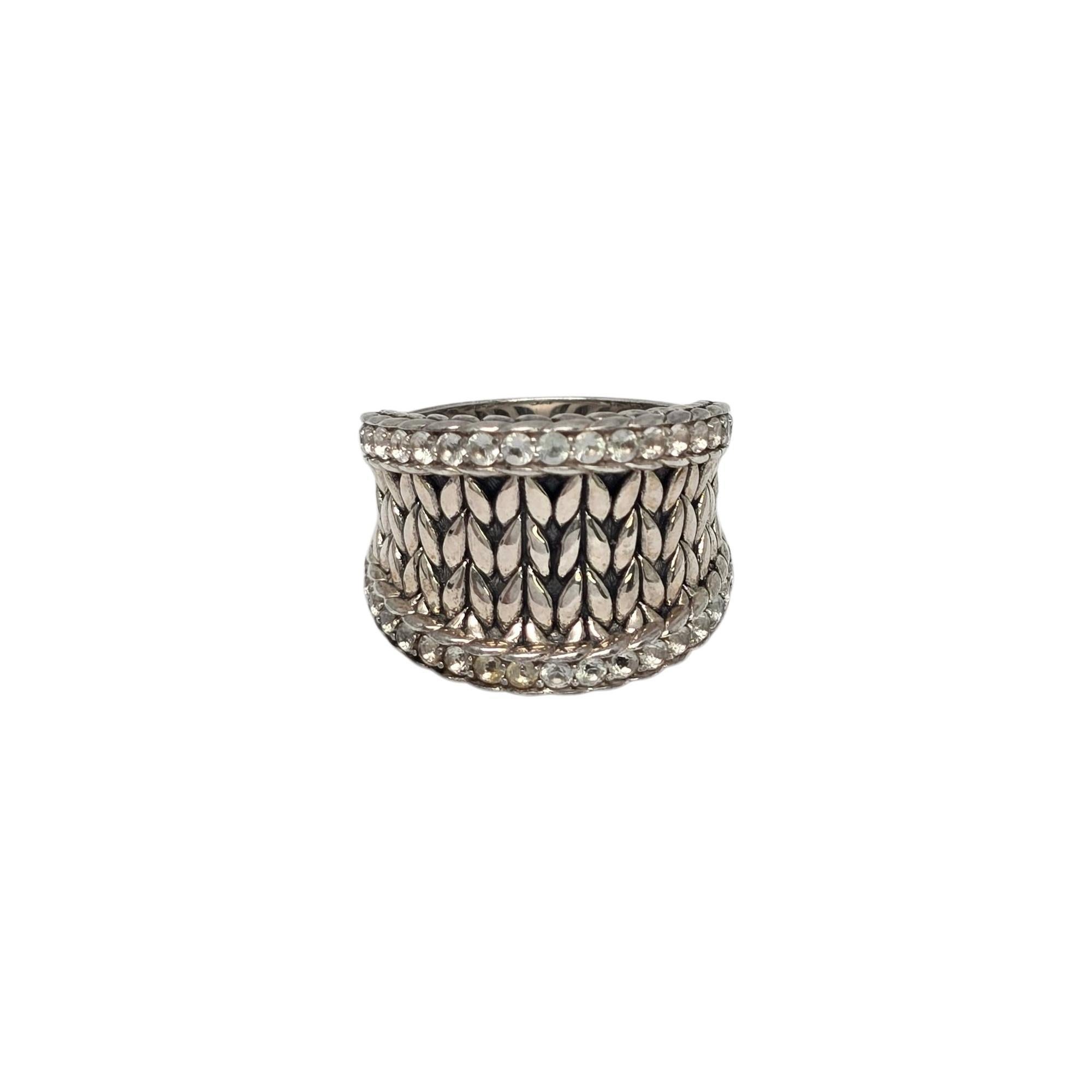 JAI Anello in argento Sterling Pave White Topaz Basketweave Saddle Taglia 8 #23156